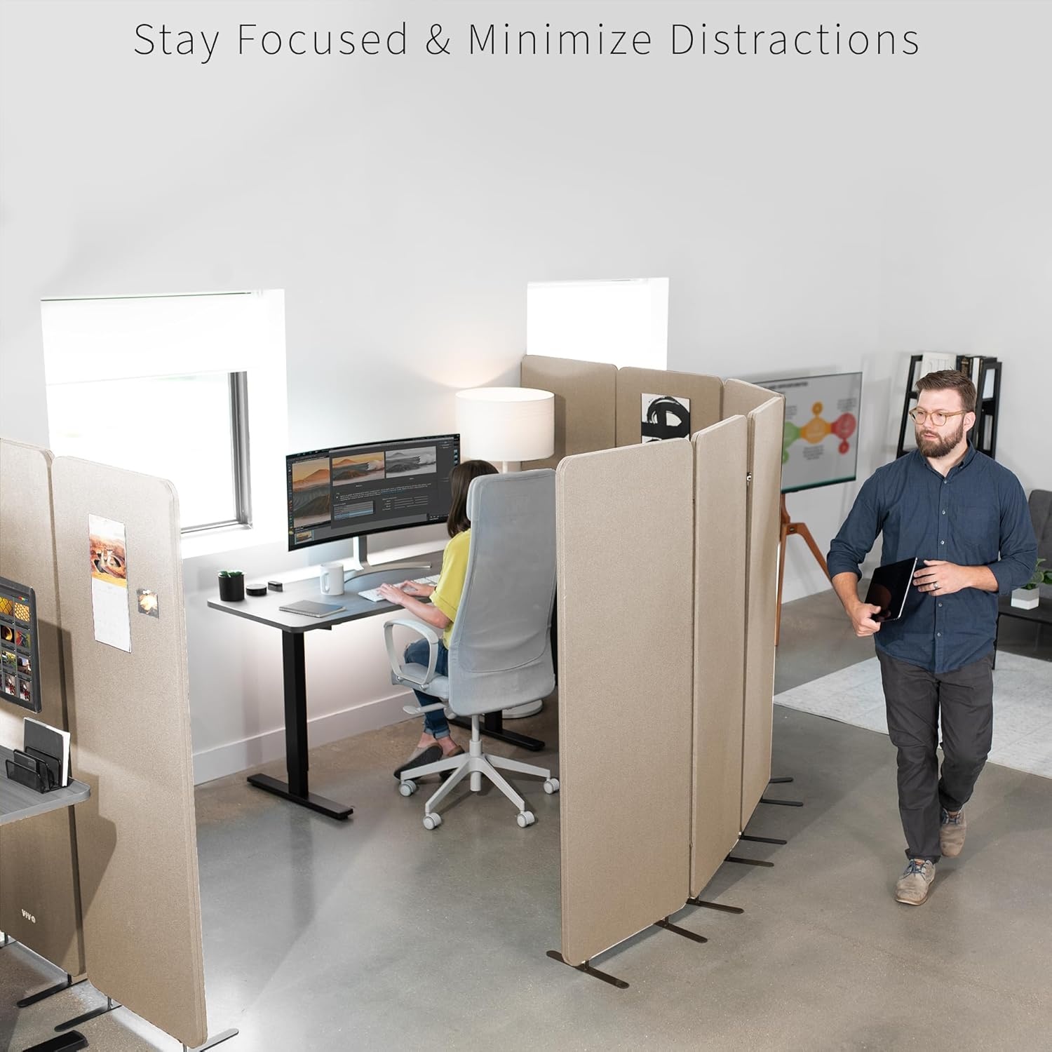 image:imageVIVO Freestanding 72 x 66 inch Privacy Panel Cubicle Divider Acoustic Wall Partition x3 24 inch Panels Beige PP3T072BEBeige