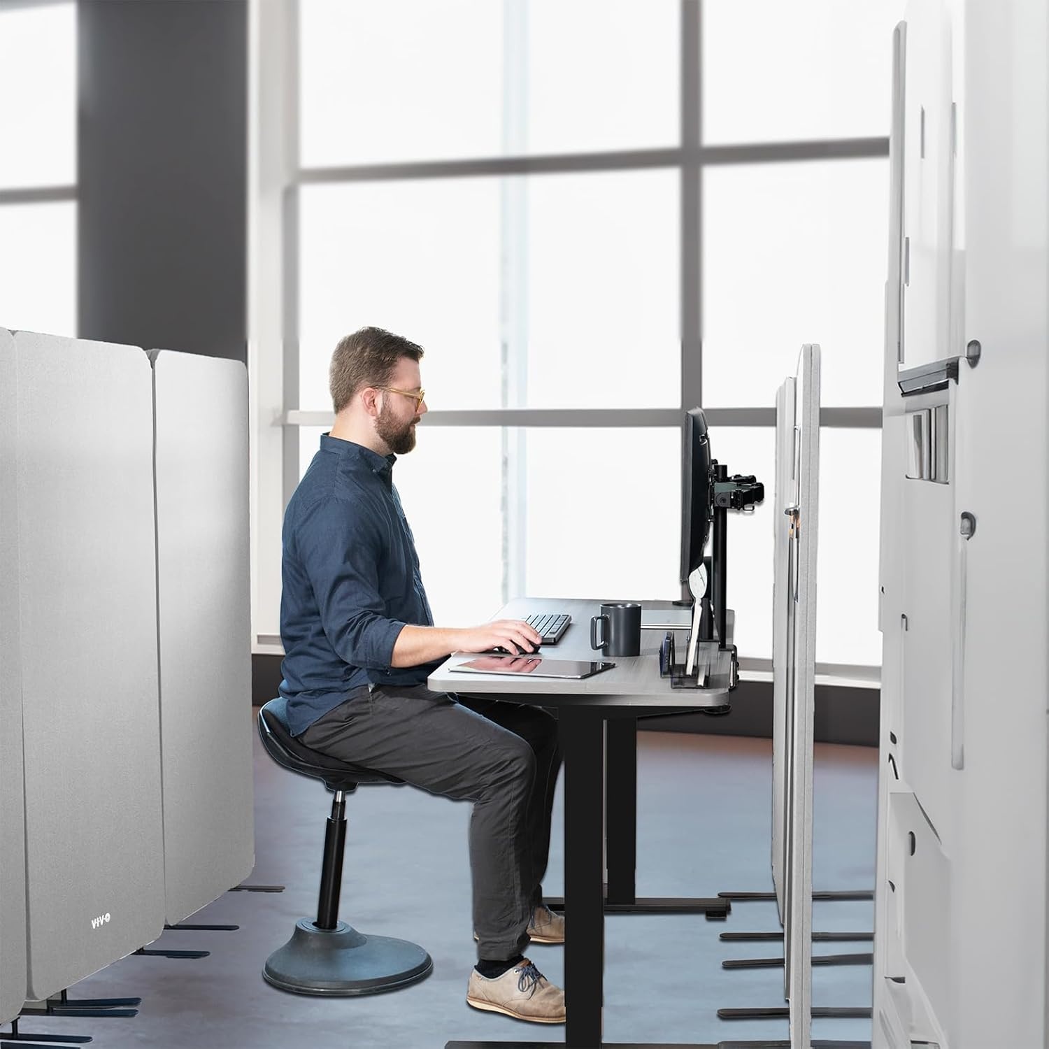 image:imageVIVO Freestanding 72 x 66 inch Privacy Panel Cubicle Divider Acoustic Wall Partition x3 24 inch Panels Beige PP3T072BEGray