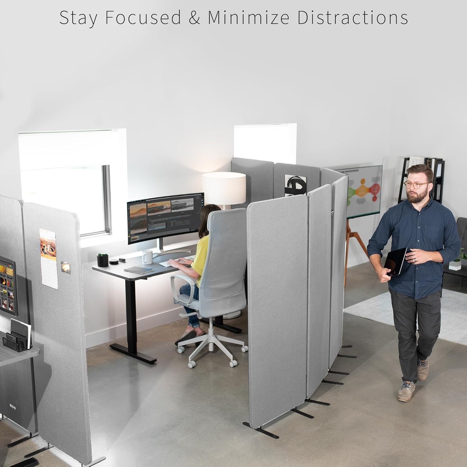image:imageVIVO Freestanding 72 x 66 inch Privacy Panel Cubicle Divider Acoustic Wall Partition x3 24 inch Panels Beige PP3T072BEGray