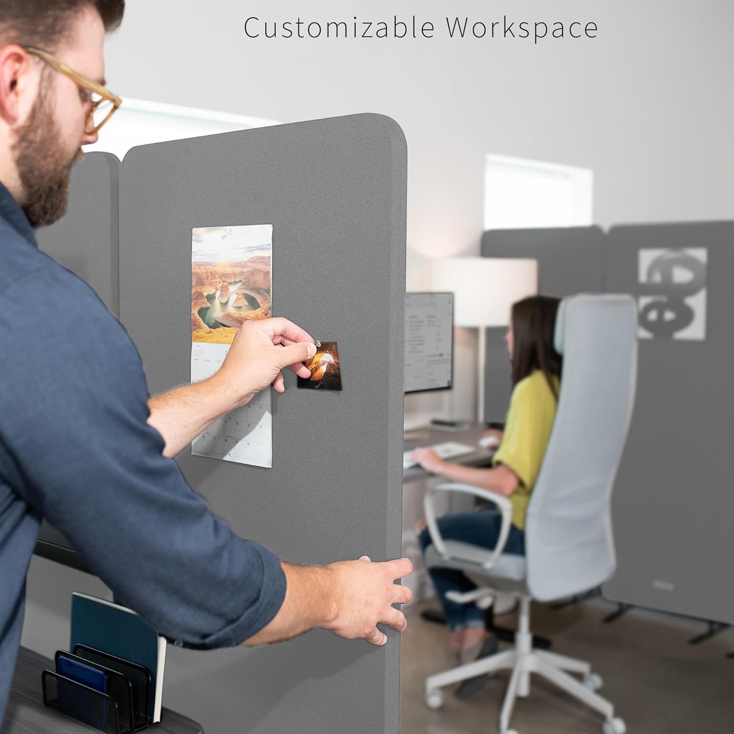 image:imageVIVO Freestanding 72 x 66 inch Privacy Panel Cubicle Divider Acoustic Wall Partition x3 24 inch Panels Beige PP3T072BEGray