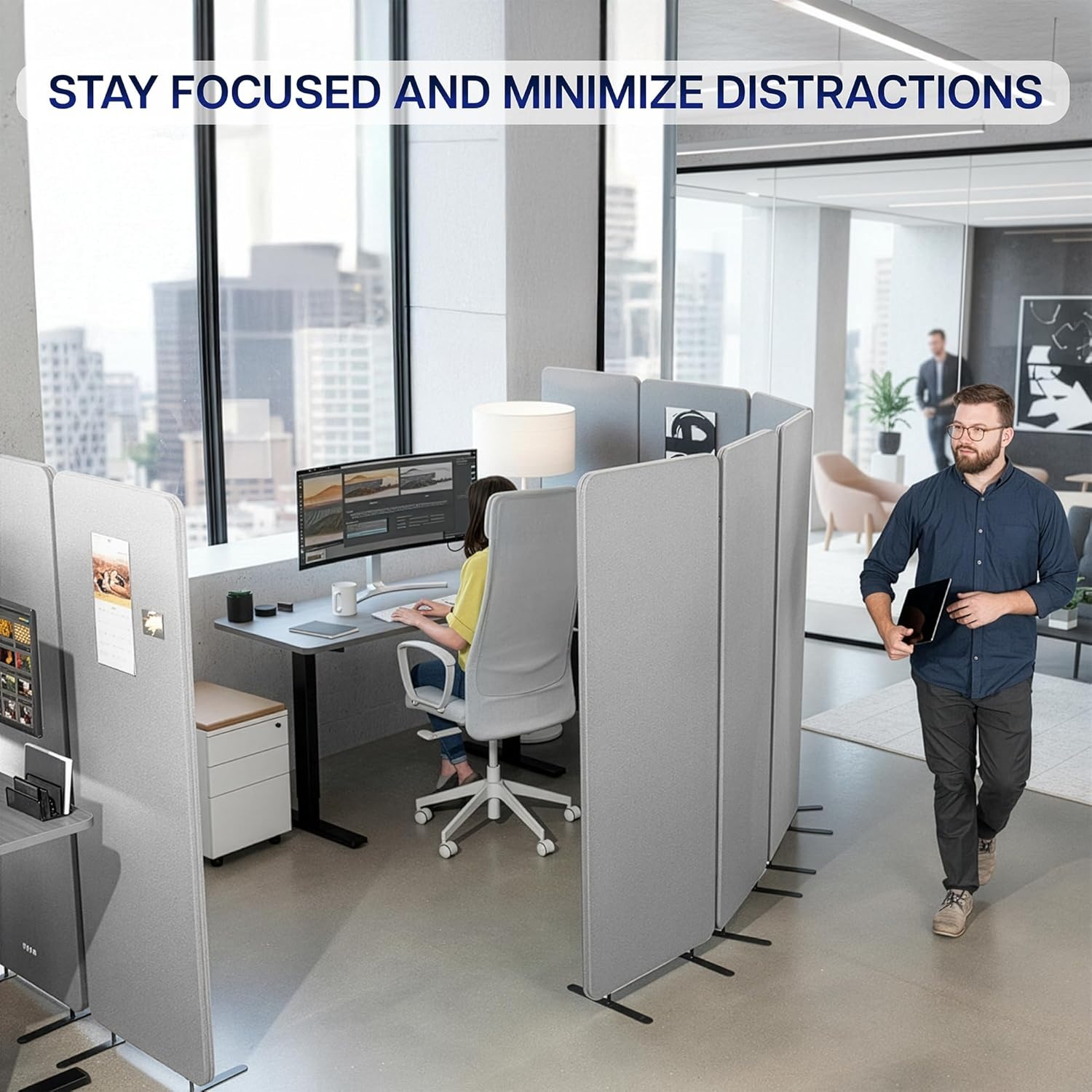 image:imageVIVO Freestanding 72 x 66 inch Privacy Panel Cubicle Divider Acoustic Wall Partition x3 24 inch Panels Beige PP3T072BEGray