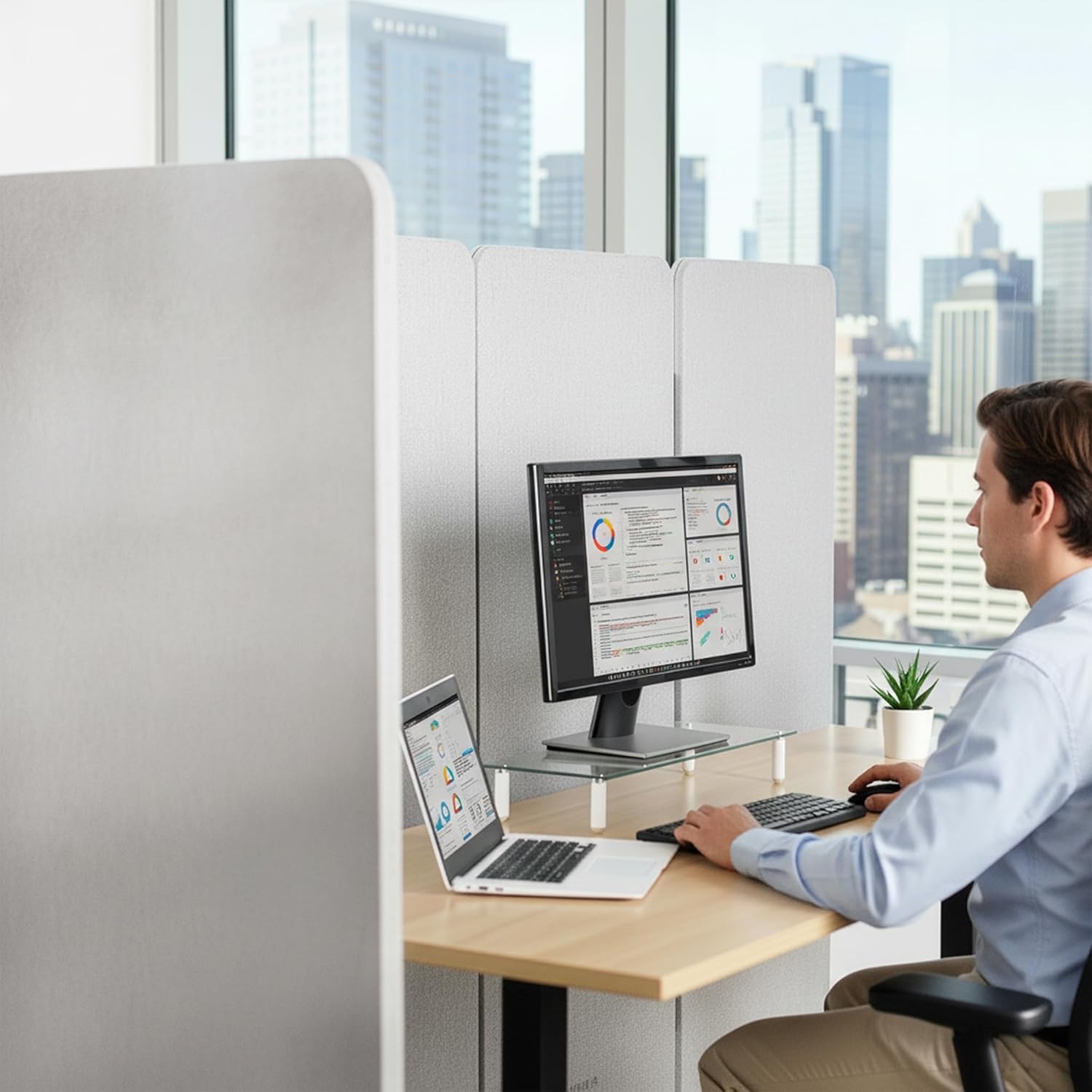 image:imageVIVO Freestanding 72 x 66 inch Privacy Panel Cubicle Divider Acoustic Wall Partition x3 24 inch Panels Beige PP3T072BEGray