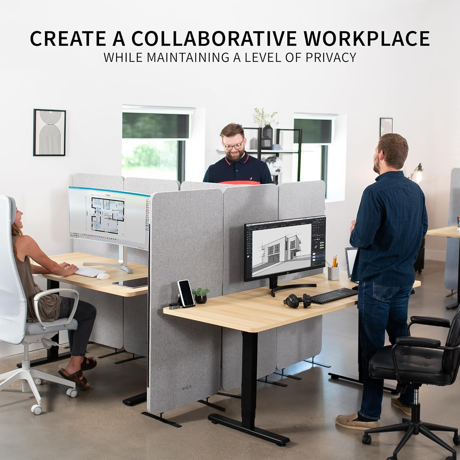 image:imageVIVO Freestanding 72 x 66 inch Privacy Panel Cubicle Divider Acoustic Wall Partition x3 24 inch Panels Beige PP3T072BEGray