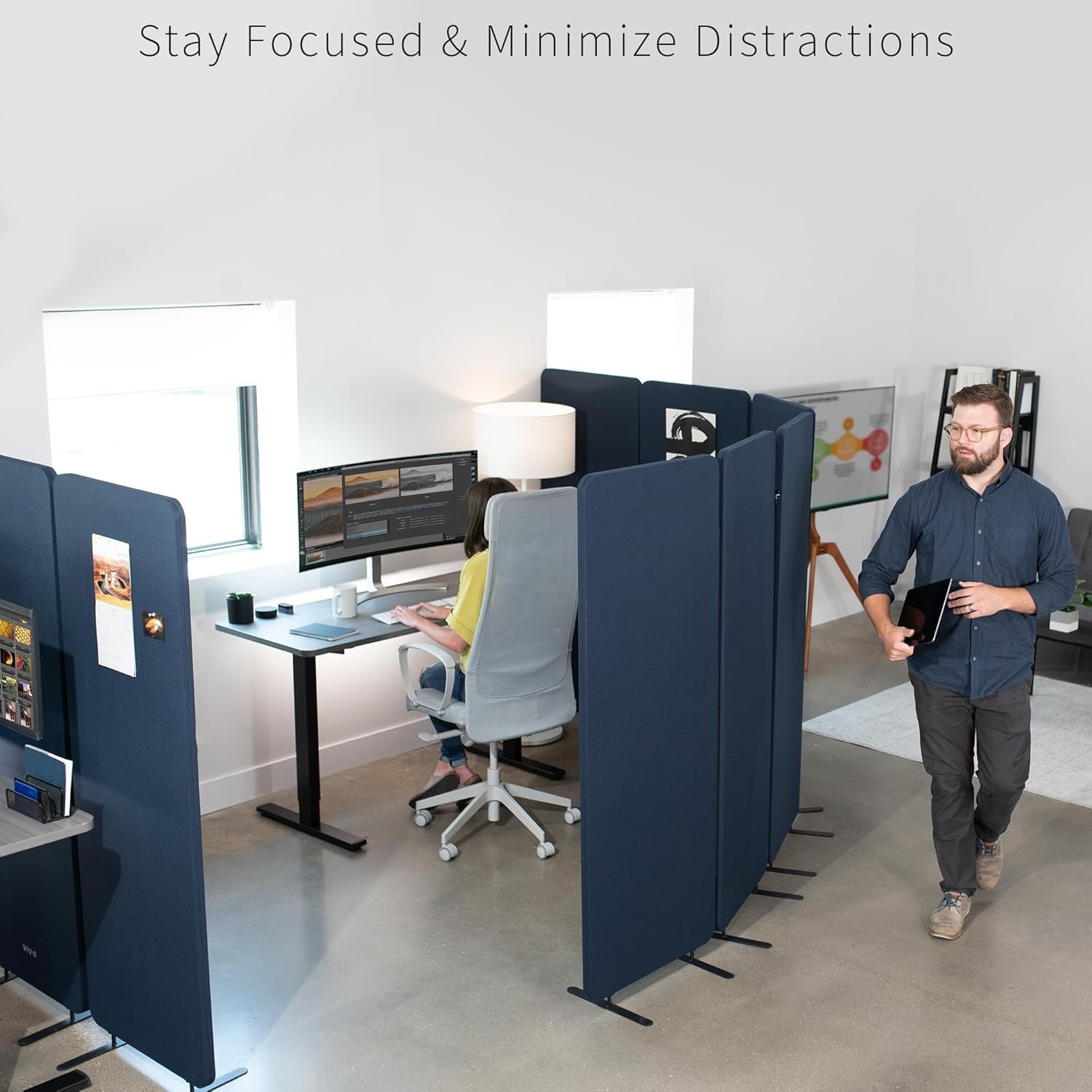 image:imageVIVO Freestanding 72 x 66 inch Privacy Panel Cubicle Divider Acoustic Wall Partition x3 24 inch Panels Beige PP3T072BENavy Blue