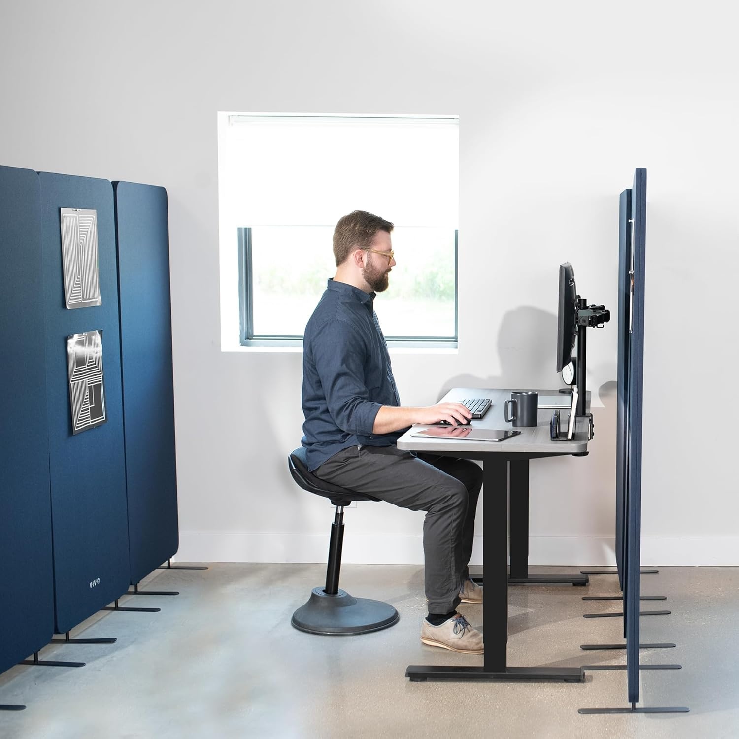 image:imageVIVO Freestanding 72 x 66 inch Privacy Panel Cubicle Divider Acoustic Wall Partition x3 24 inch Panels Beige PP3T072BENavy Blue