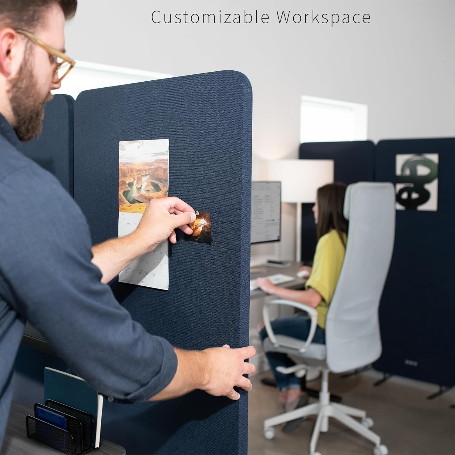 image:imageVIVO Freestanding 72 x 66 inch Privacy Panel Cubicle Divider Acoustic Wall Partition x3 24 inch Panels Beige PP3T072BENavy Blue