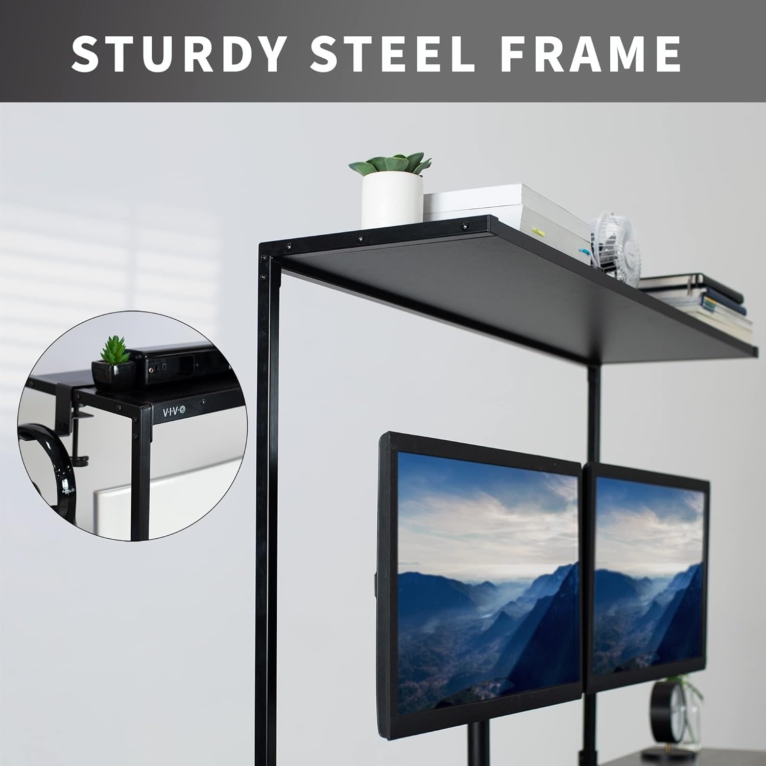 image:imageVIVO Large 42 inch Clampon Overhead Desk Shelf Raised Desktop Organizer Elevated Workstation Accessory Platform Black DESKSHELF42OB