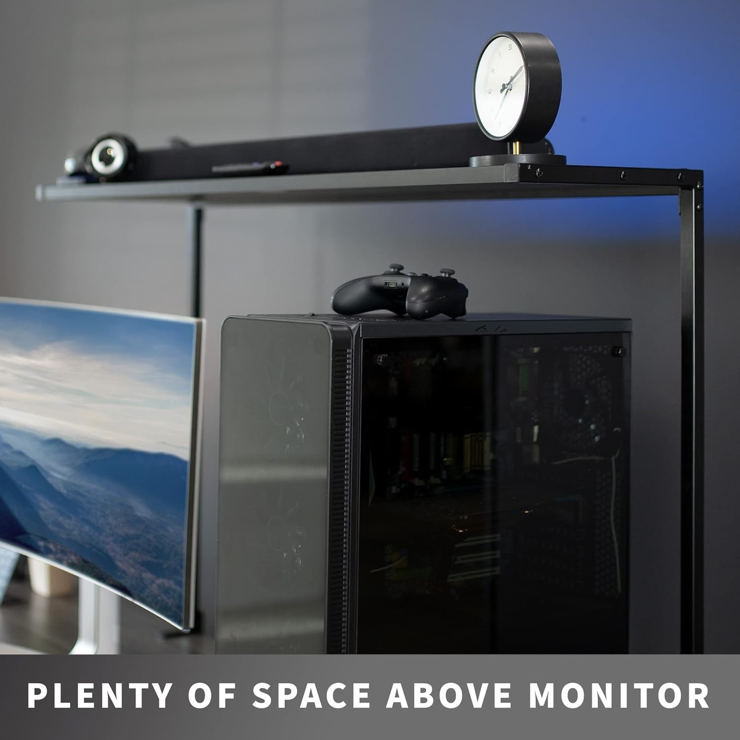 image:imageVIVO Large 42 inch Clampon Overhead Desk Shelf Raised Desktop Organizer Elevated Workstation Accessory Platform Black DESKSHELF42OB