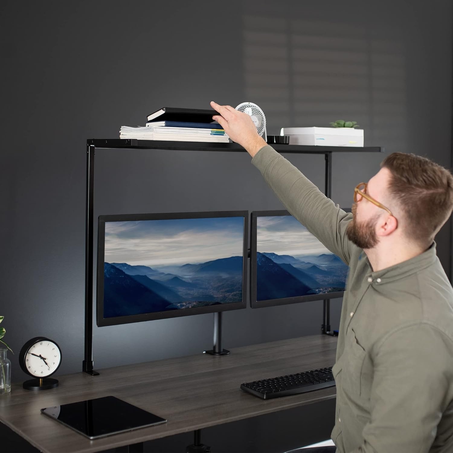 image:imageVIVO Large 42 inch Clampon Overhead Desk Shelf Raised Desktop Organizer Elevated Workstation Accessory Platform Black DESKSHELF42OB