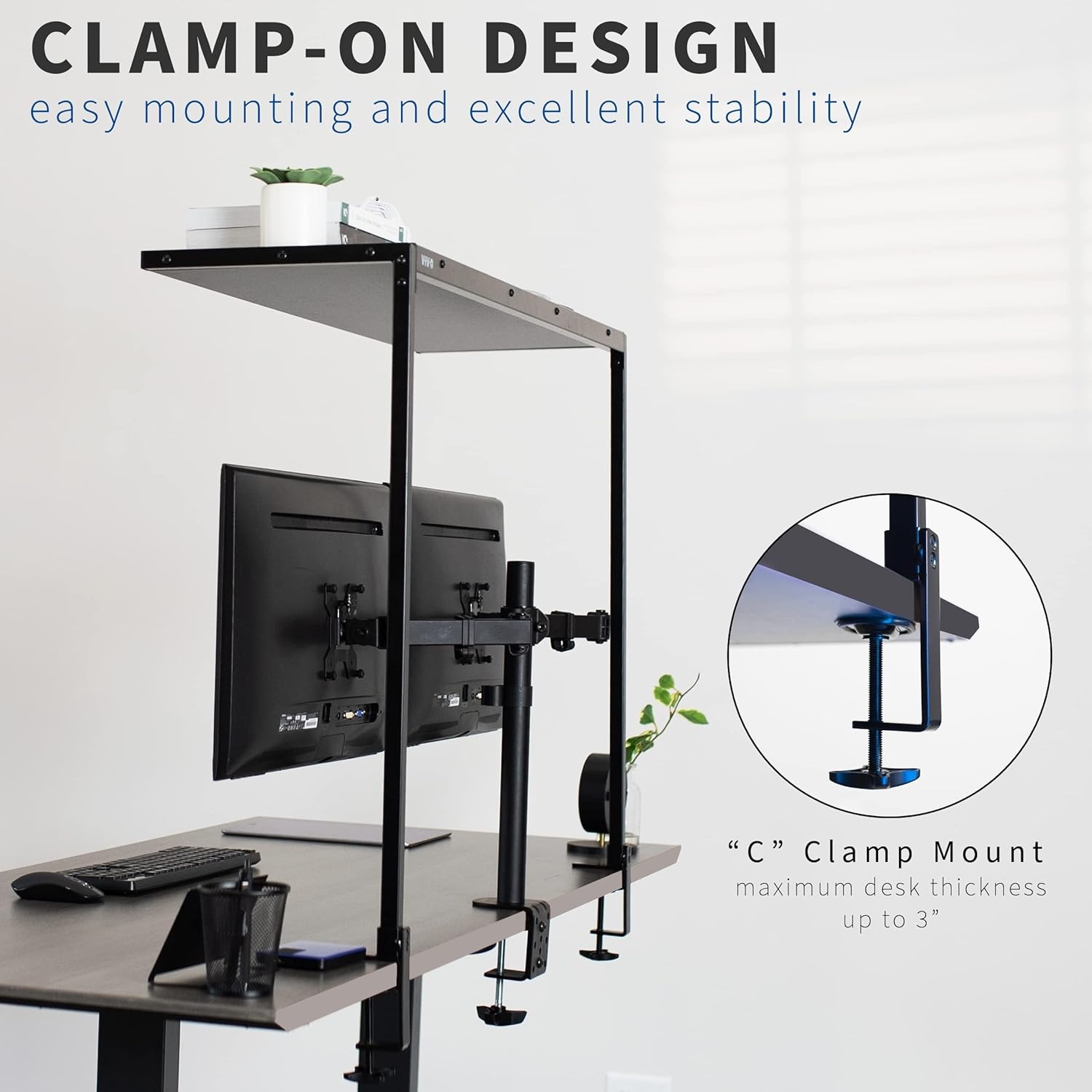 image:imageVIVO Large 42 inch Clampon Overhead Desk Shelf Raised Desktop Organizer Elevated Workstation Accessory Platform Black DESKSHELF42OB