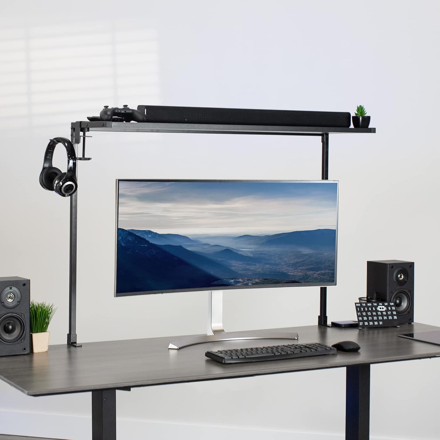 image:imageVIVO Large 42 inch Clampon Overhead Desk Shelf Raised Desktop Organizer Elevated Workstation Accessory Platform Black DESKSHELF42OB