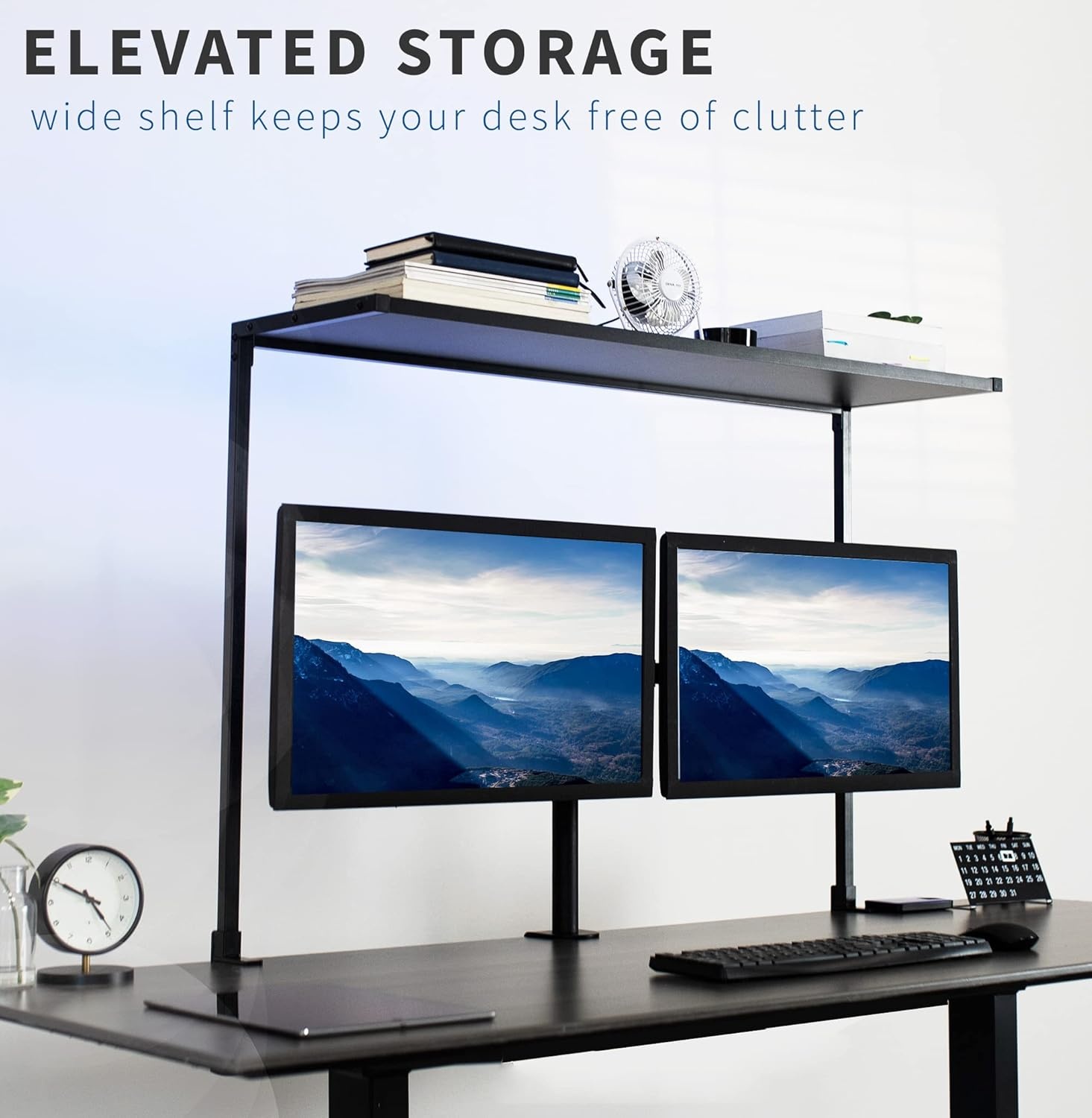 image:imageVIVO Large 42 inch Clampon Overhead Desk Shelf Raised Desktop Organizer Elevated Workstation Accessory Platform Black DESKSHELF42OB