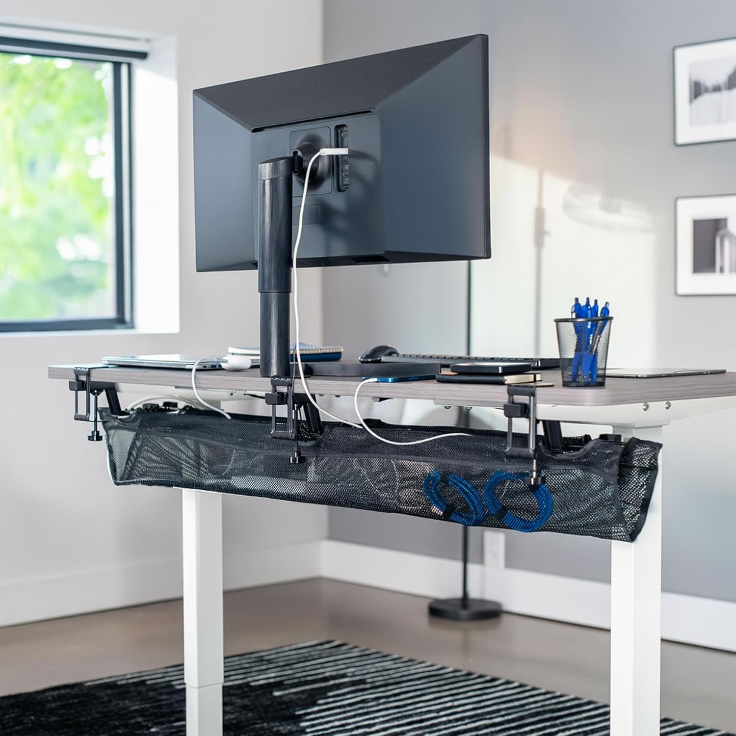 image:imageVIVO No Drill Clampon 36 inch Mesh Net Under Desk Cable Management Wire Organizer Adjustable Home Office Standing Desk Cord Storage Sleeve Black DESKAC36MHBlack