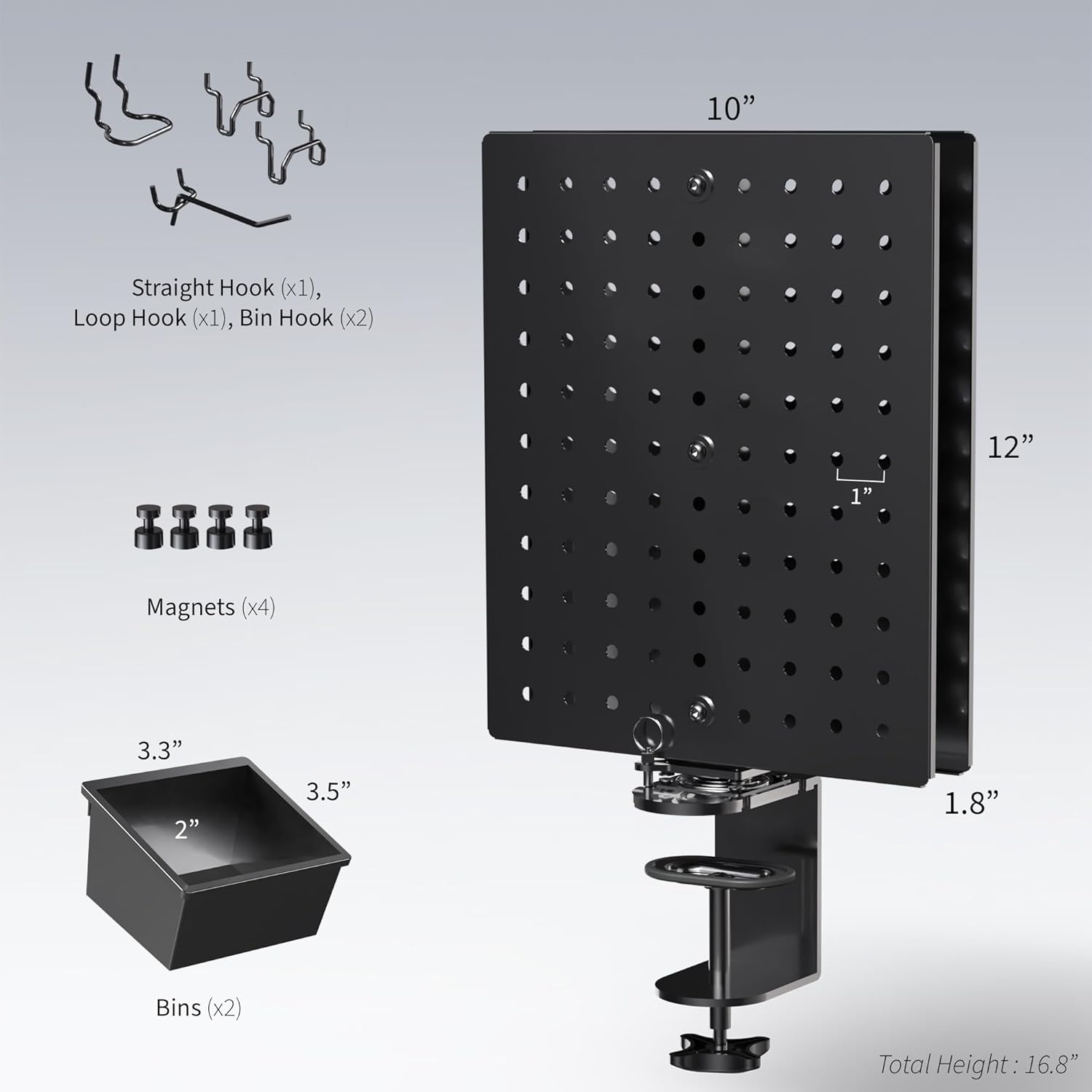 image:imageVIVO Steel Clampon 10 x 12 inch Desktop Pegboard Rotating Magnetic Peg Board Office Accessory Organizer Black PPDKR1B