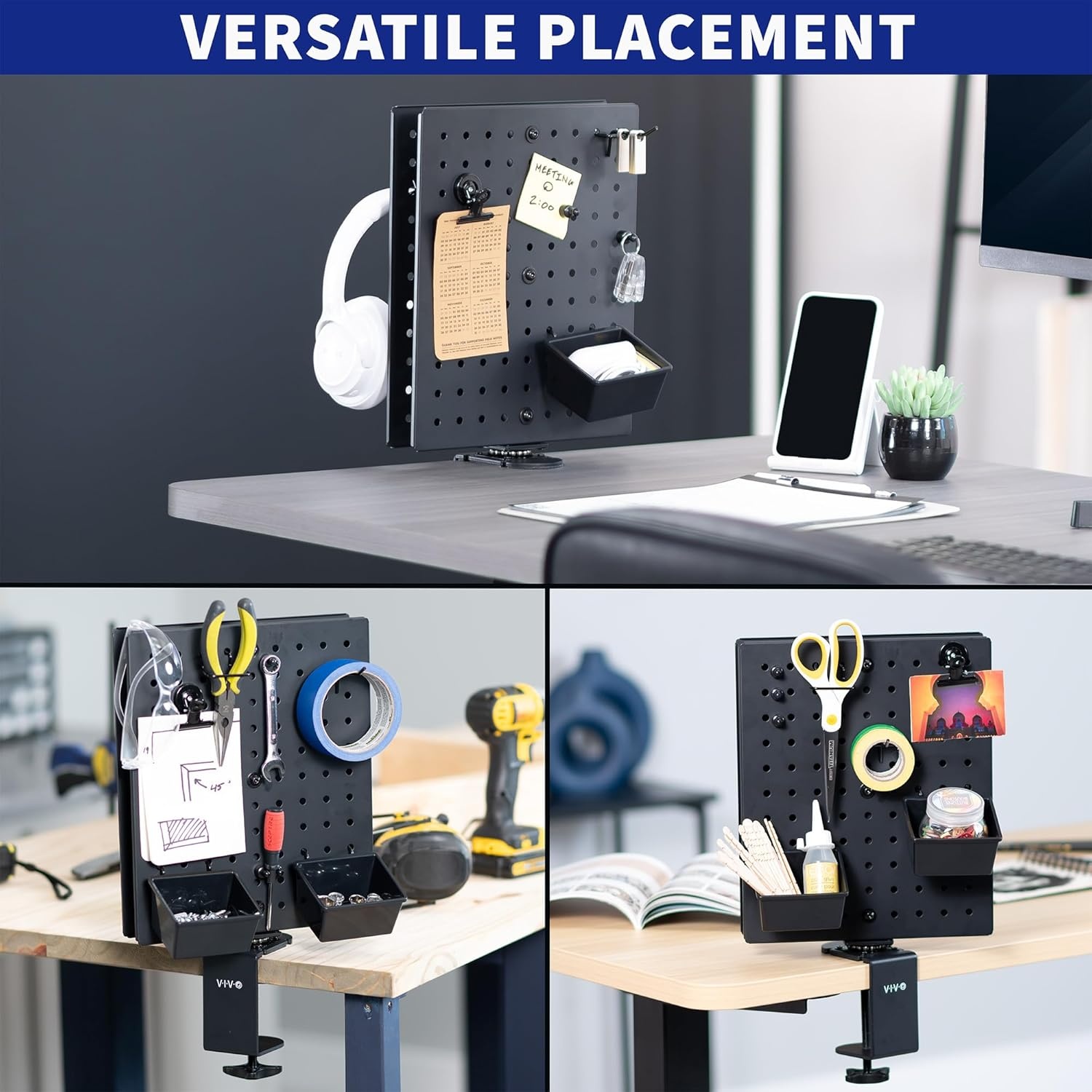 image:imageVIVO Steel Clampon 10 x 12 inch Desktop Pegboard Rotating Magnetic Peg Board Office Accessory Organizer Black PPDKR1B