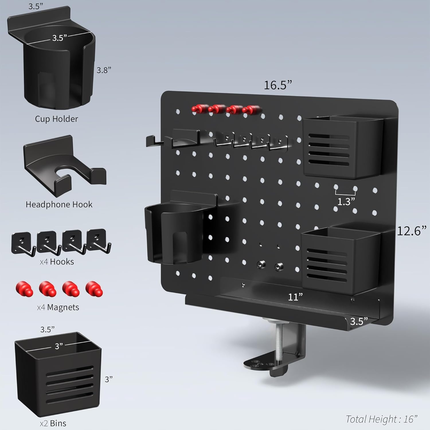 image:imageVIVO Steel Clampon Rotating Pegboard 17 x 13 inch Magnetic Peg Board Above or Below Desk Accessory Organizer Black PPDK01C