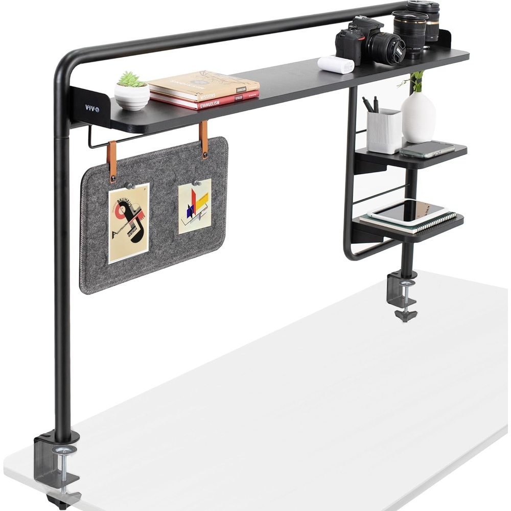 image:imageVIVO Clampon 50 inch Desktop Shelving System for Sit Stand Workstation Raised Accessory Storage Shelves and Magnetic Memo Board Desk Organizer Black DESKSHELF55A