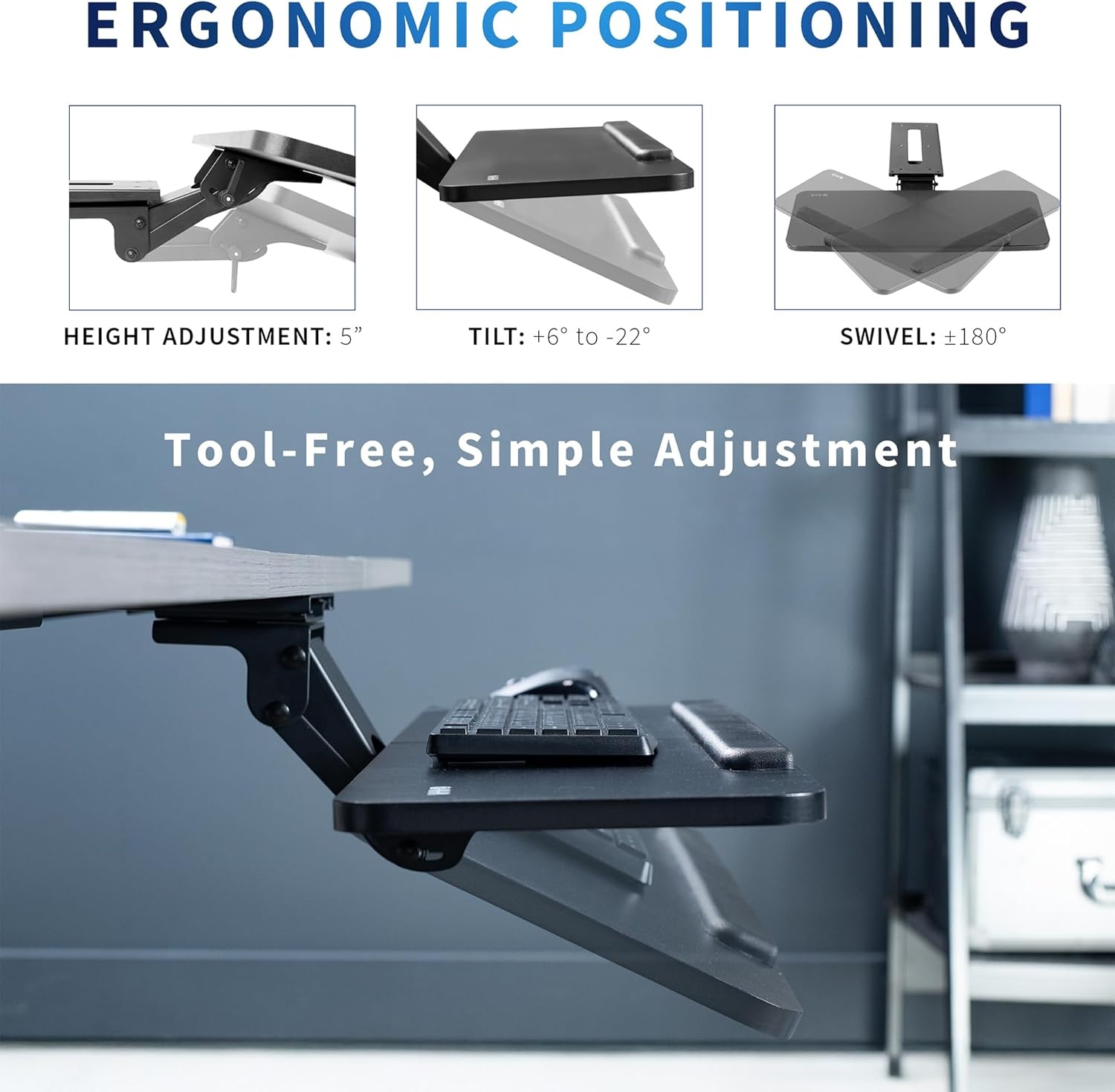image:imageVIVO Adjustable Computer Keyboard amp Mouse Platform Tray Ergonomic Under Table Desk Mount Drawer Underdesk Shelf MOUNTKB03BBlack