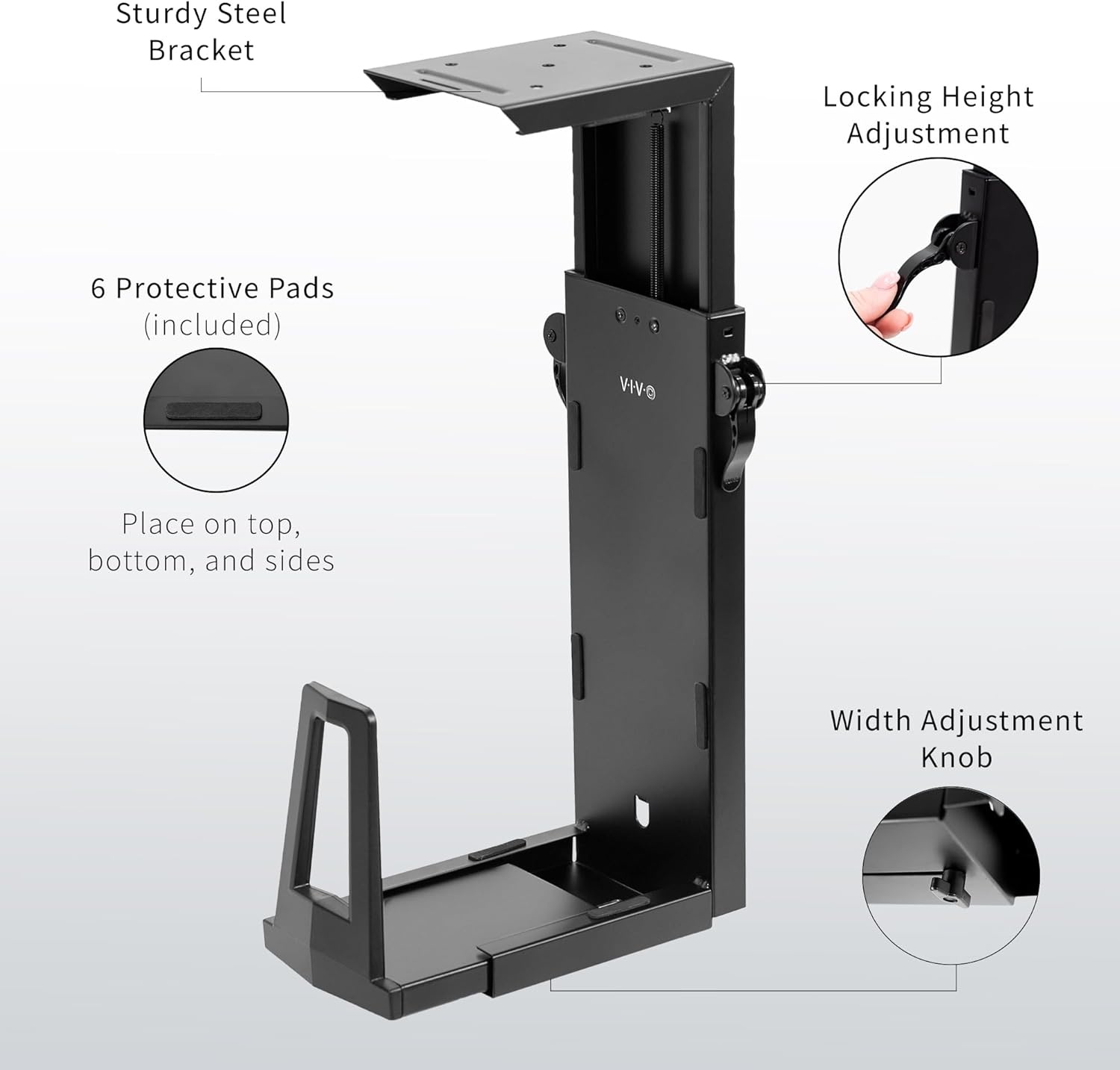 image:imageVIVO Adjustable Under Desk Gaming PC Mount MediumLarge Computer Case CPU Tower Holder with Secure Locking Holds up to 33 lbs Black MOUNTPC06E
