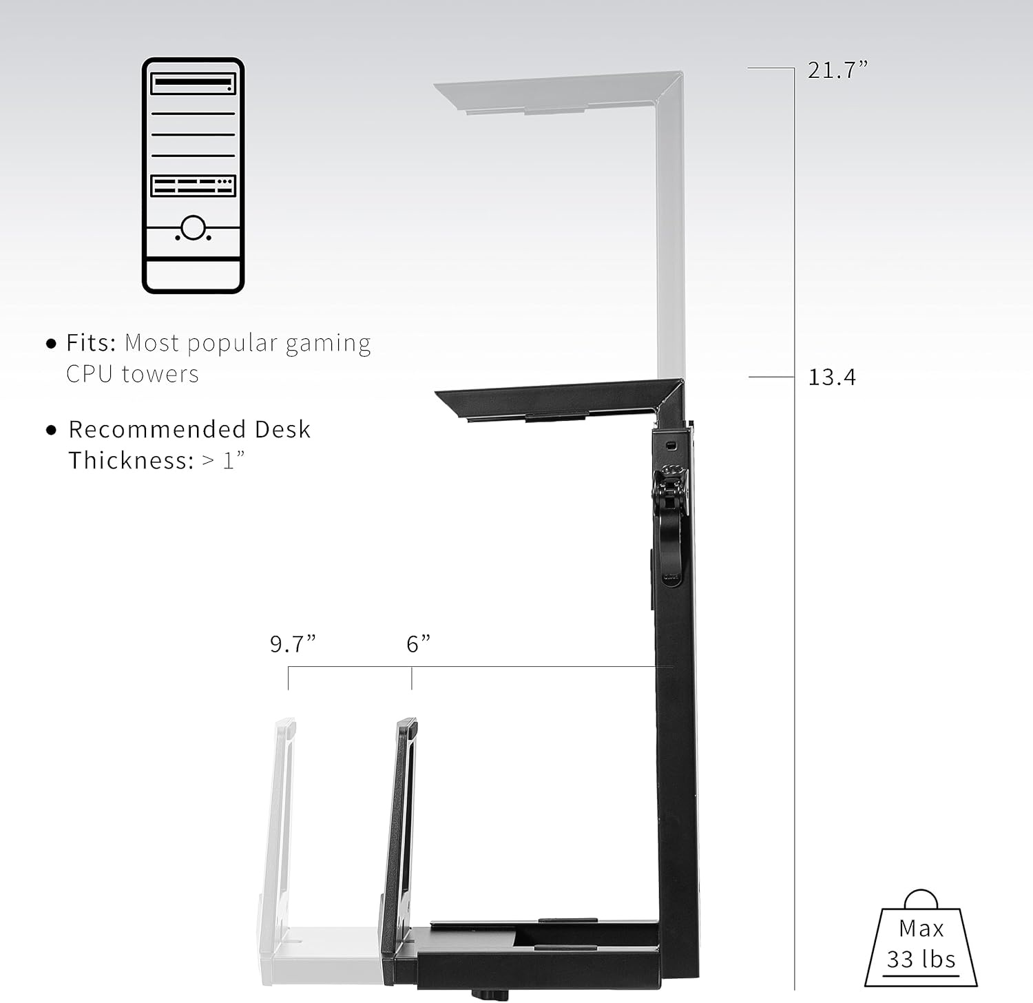 image:imageVIVO Adjustable Under Desk Gaming PC Mount MediumLarge Computer Case CPU Tower Holder with Secure Locking Holds up to 33 lbs Black MOUNTPC06E