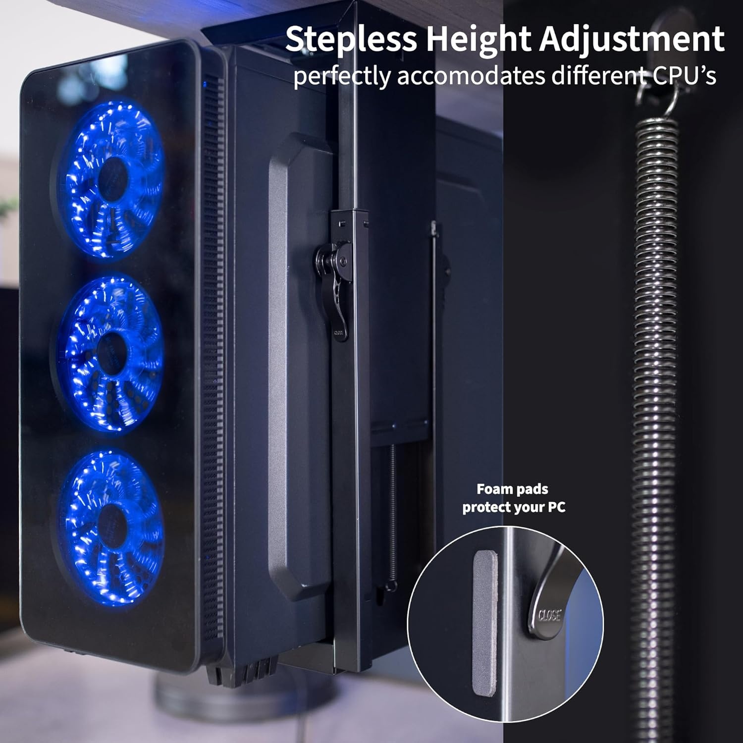 image:imageVIVO Adjustable Under Desk Gaming PC Mount MediumLarge Computer Case CPU Tower Holder with Secure Locking Holds up to 33 lbs Black MOUNTPC06E