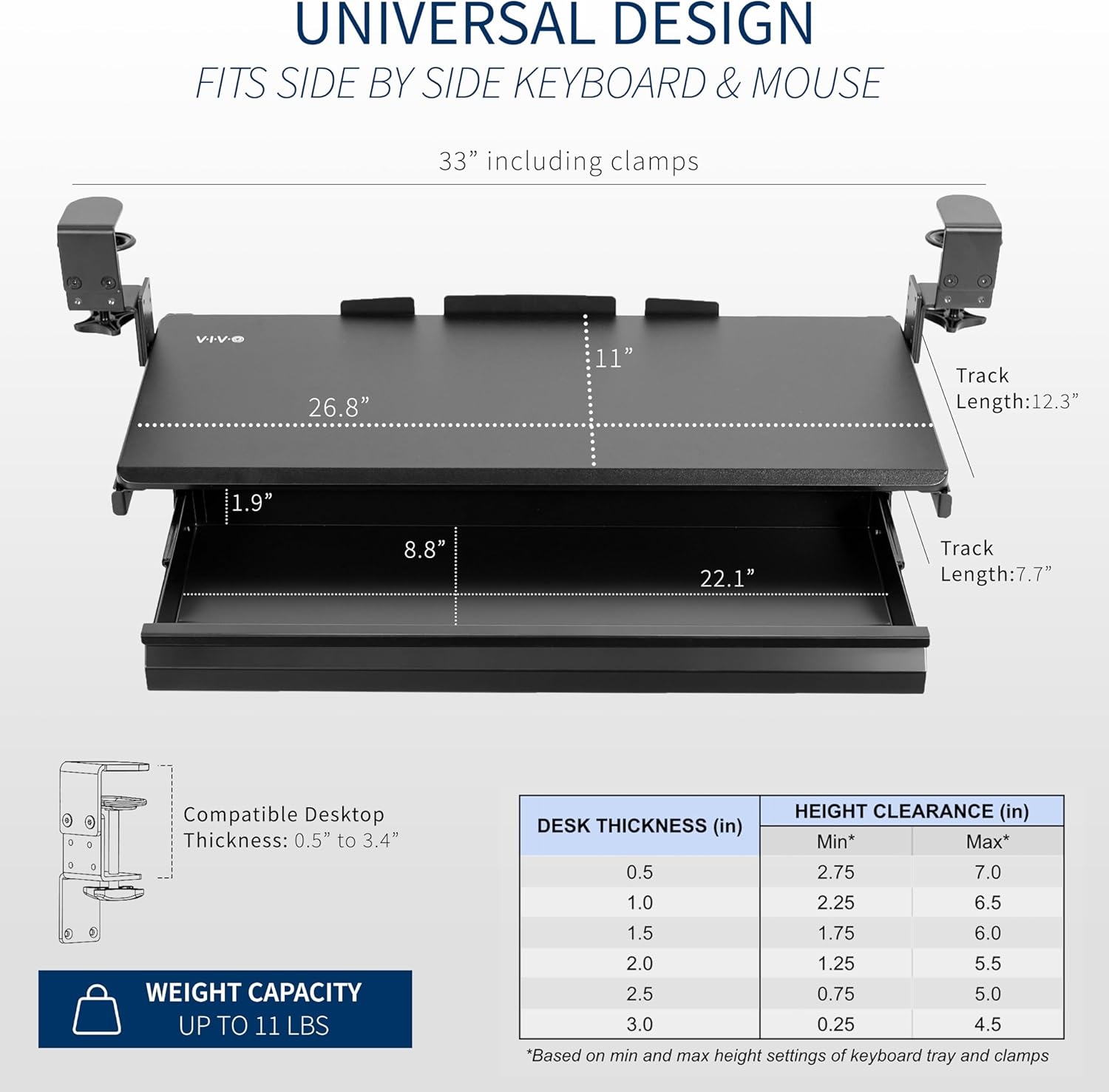image:imageVIVO Large Height Adjustable Clampon Keyboard Tray Extra Sturdy Pull Out Platform with Storage Drawer 27 33 Including Clamps x 11 inch SlideOut Tray with Organizer Black MOUNTKB05HBDR