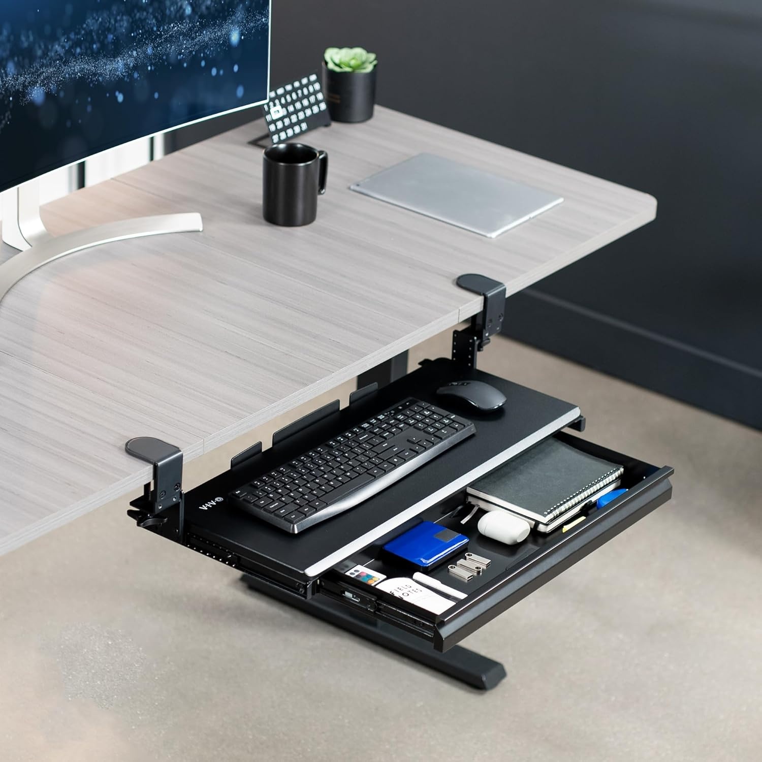 image:imageVIVO Large Height Adjustable Clampon Keyboard Tray Extra Sturdy Pull Out Platform with Storage Drawer 27 33 Including Clamps x 11 inch SlideOut Tray with Organizer Black MOUNTKB05HBDR