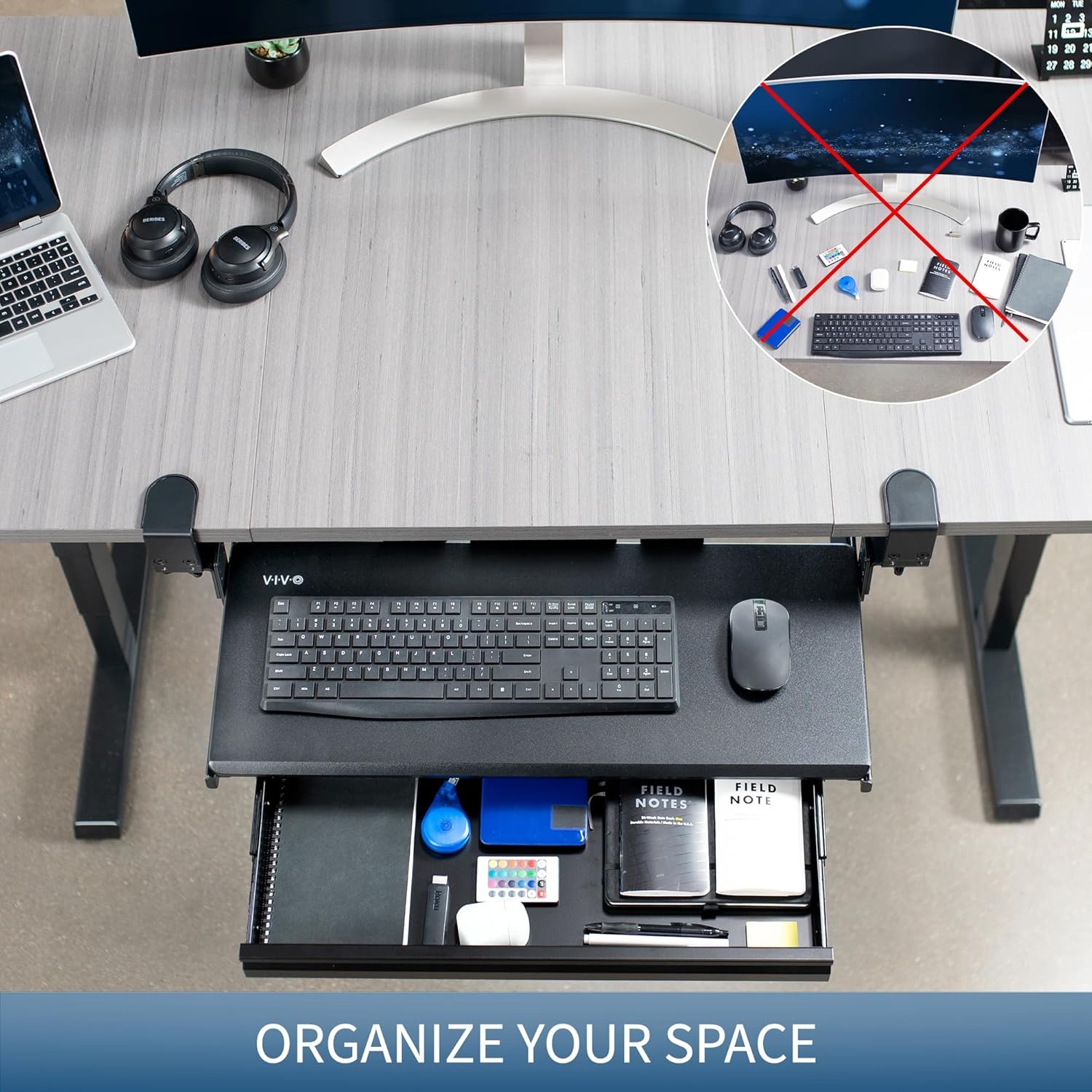 image:imageVIVO Large Height Adjustable Clampon Keyboard Tray Extra Sturdy Pull Out Platform with Storage Drawer 27 33 Including Clamps x 11 inch SlideOut Tray with Organizer Black MOUNTKB05HBDR