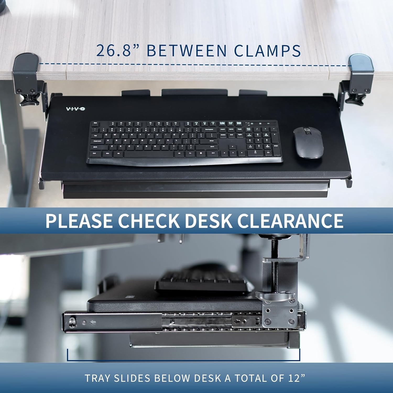 image:imageVIVO Large Height Adjustable Clampon Keyboard Tray Extra Sturdy Pull Out Platform with Storage Drawer 27 33 Including Clamps x 11 inch SlideOut Tray with Organizer Black MOUNTKB05HBDR