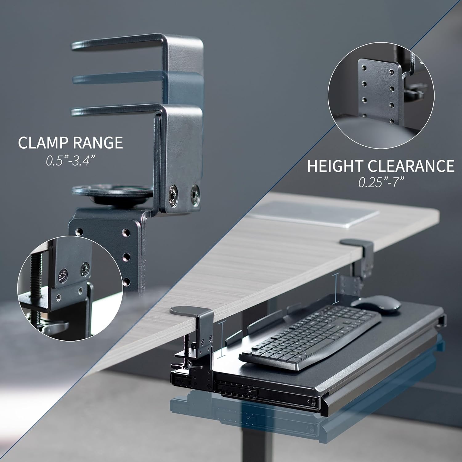 image:imageVIVO Large Height Adjustable Clampon Keyboard Tray Extra Sturdy Pull Out Platform with Storage Drawer 27 33 Including Clamps x 11 inch SlideOut Tray with Organizer Black MOUNTKB05HBDR
