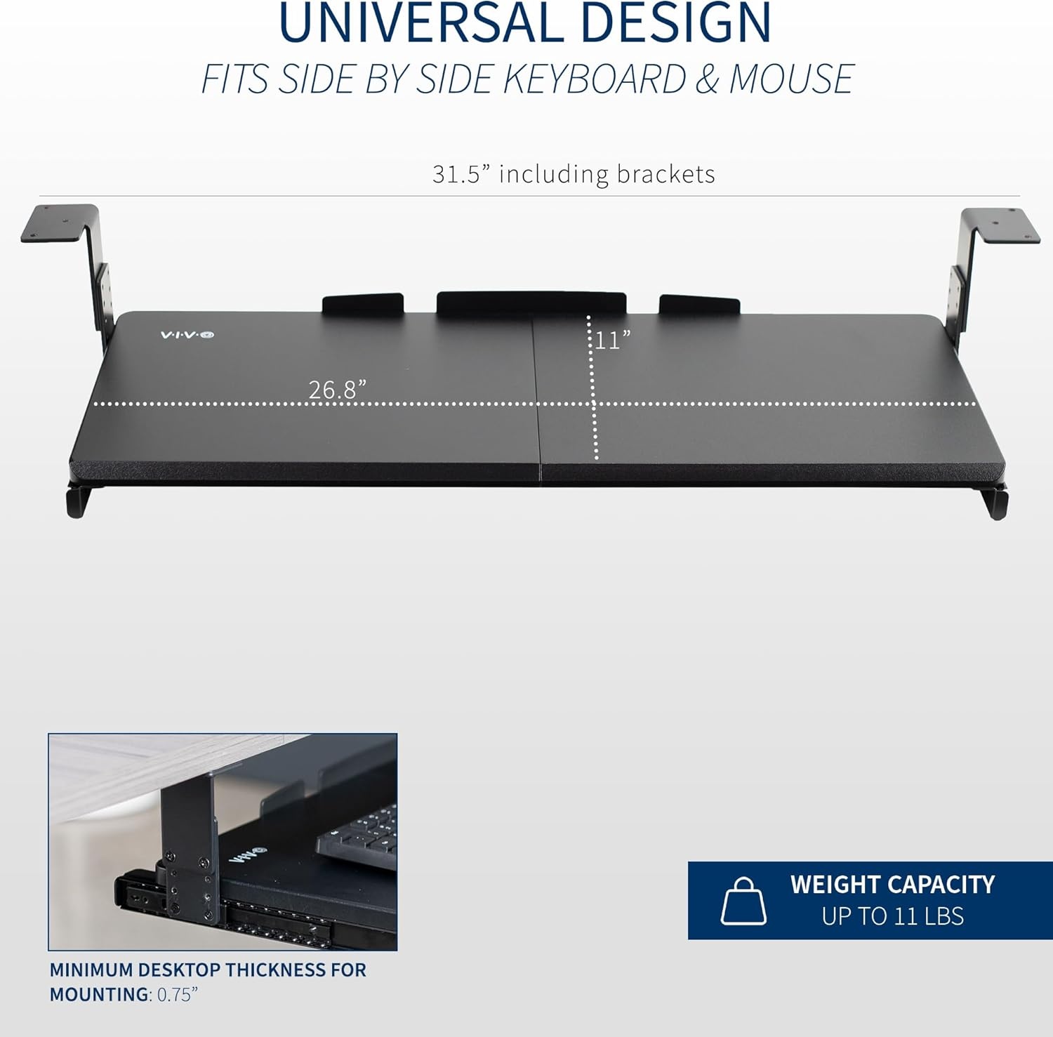 image:imageVIVO Large Height Adjustable Under Desk Keyboard Tray 27 x 11 inch SlideOut Platform Computer Drawer for Typing Black MOUNTKB27HB