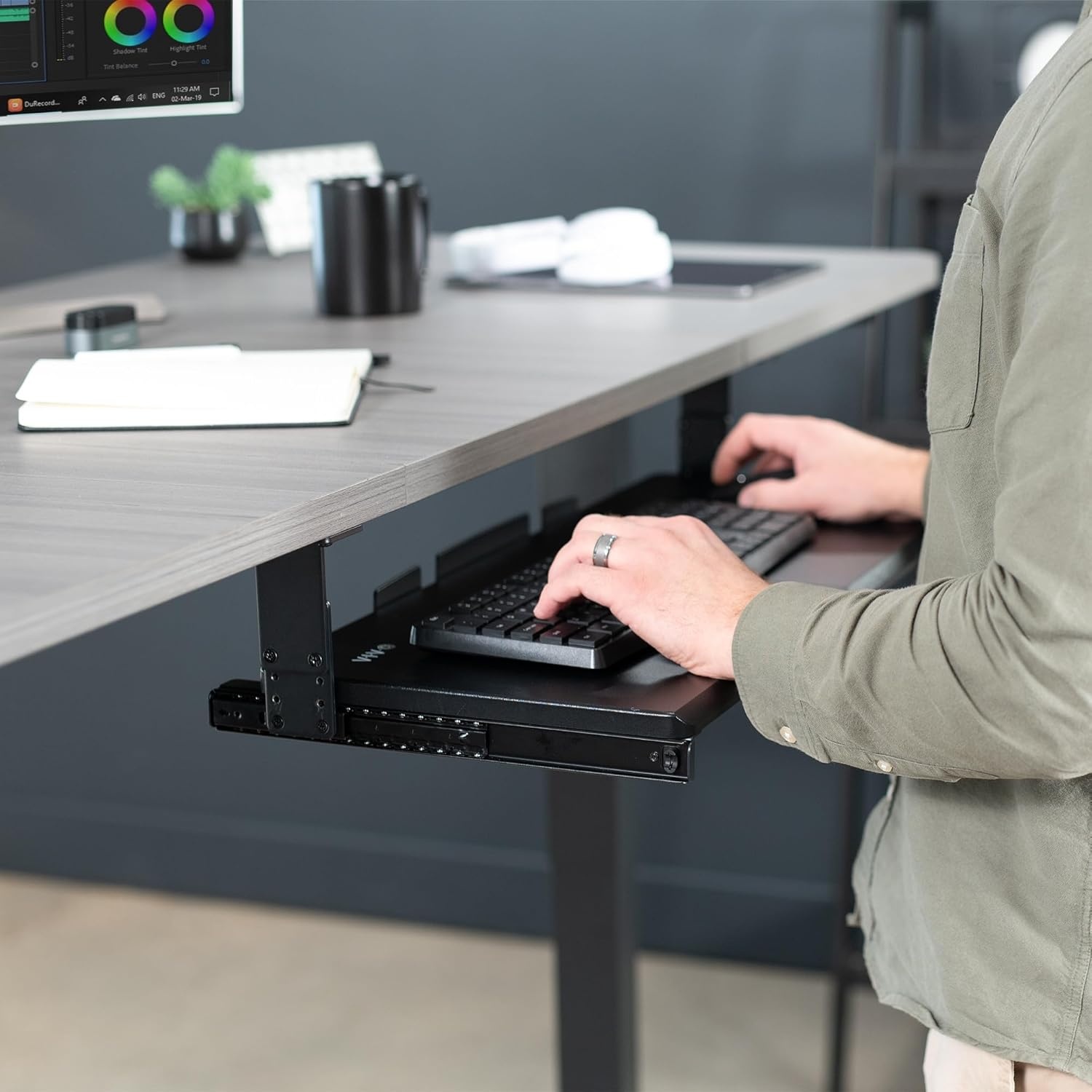 image:imageVIVO Large Height Adjustable Under Desk Keyboard Tray 27 x 11 inch SlideOut Platform Computer Drawer for Typing Black MOUNTKB27HB