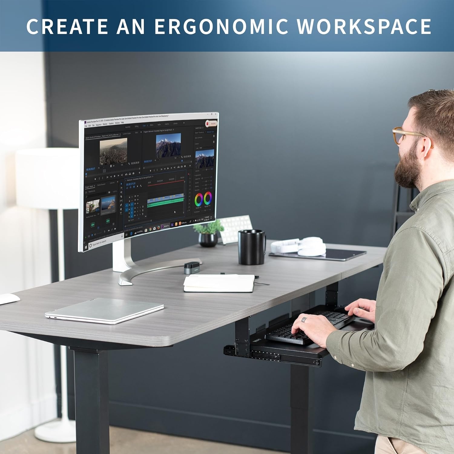 image:imageVIVO Large Height Adjustable Under Desk Keyboard Tray 27 x 11 inch SlideOut Platform Computer Drawer for Typing Black MOUNTKB27HB