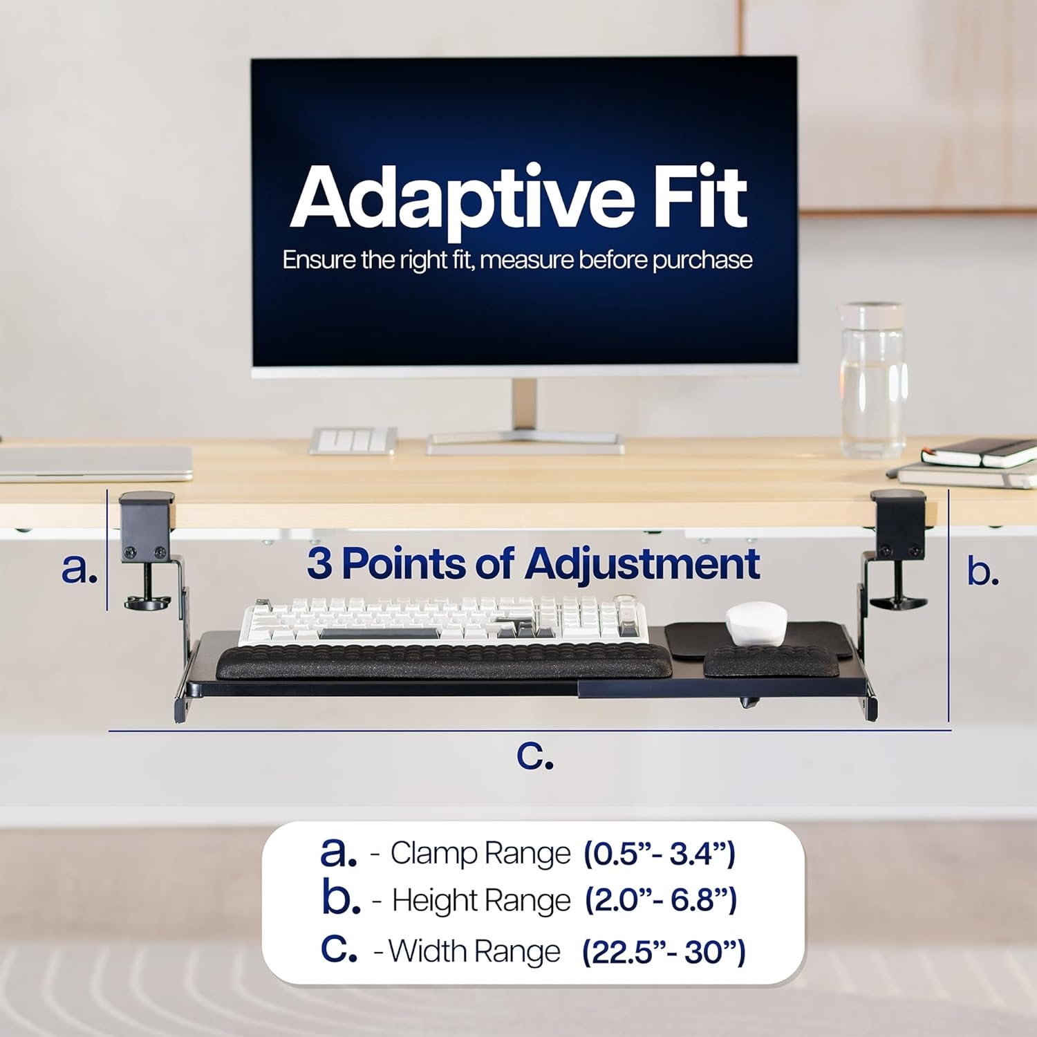 image:imageVIVO Large Height Adjustable Under Desk Keyboard Tray Cclamp Mount System 2733 Including Clamps x 11 inch SlideOut Platform for Typing Black MOUNTKB05HBBlack