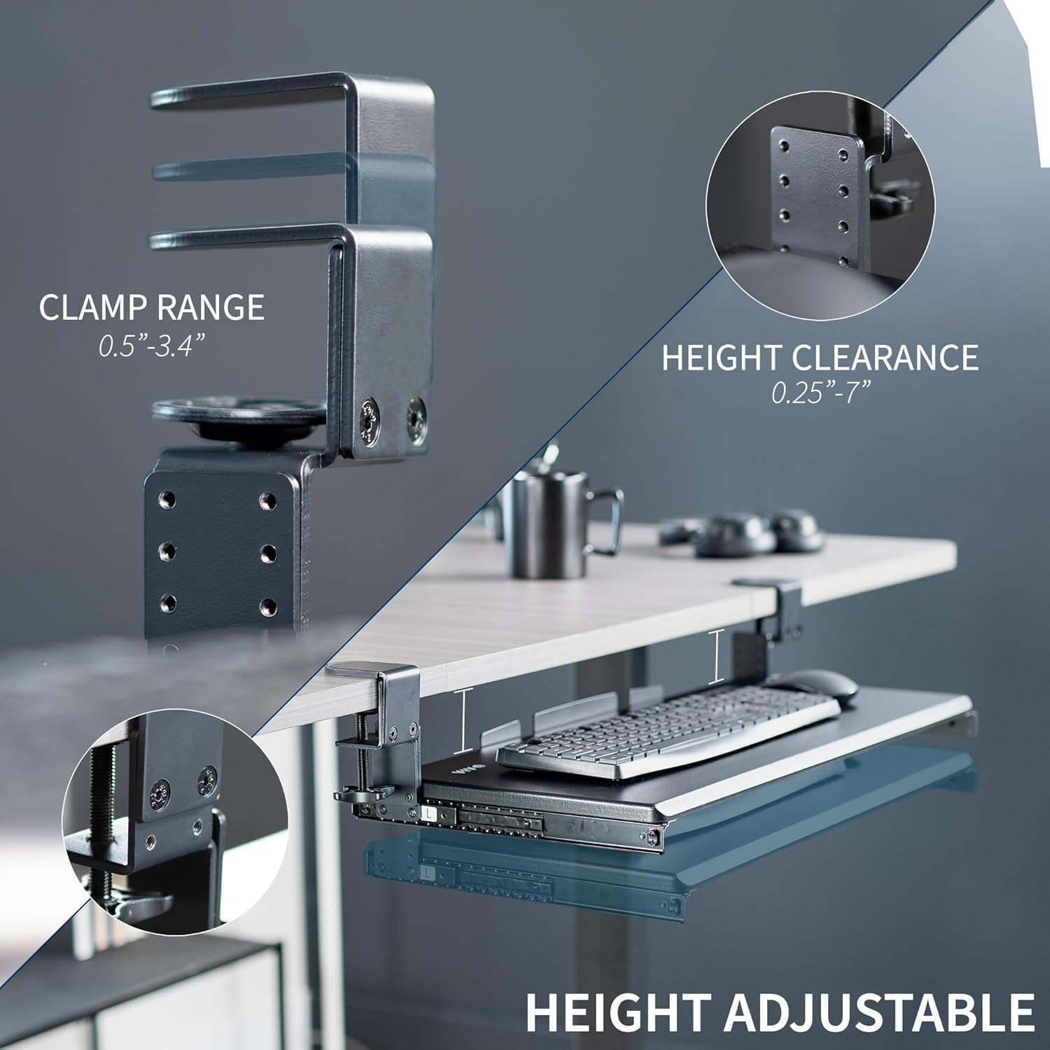 image:imageVIVO Large Height Adjustable Under Desk Keyboard Tray Cclamp Mount System 2733 Including Clamps x 11 inch SlideOut Platform for Typing Black MOUNTKB05HBBlack