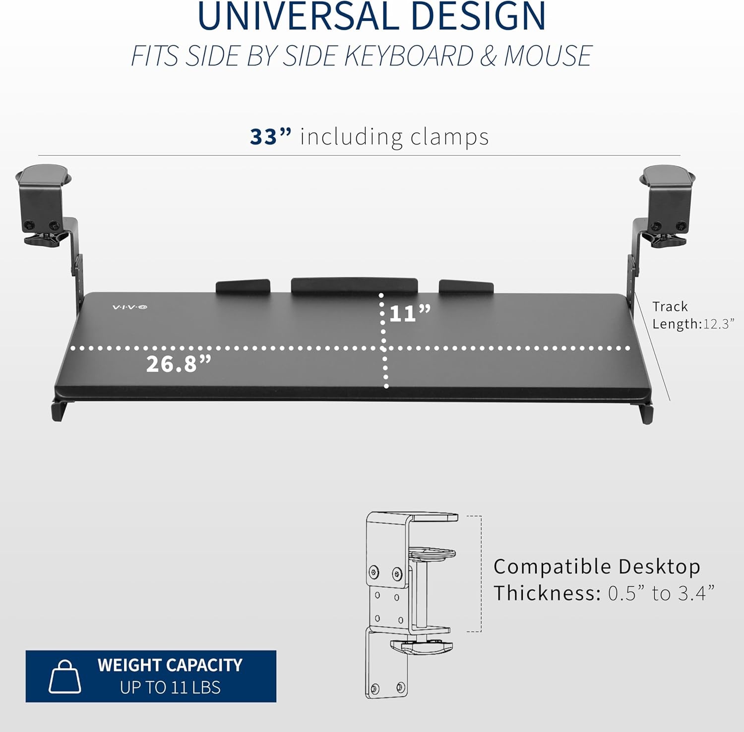 image:imageVIVO Large Height Adjustable Under Desk Keyboard Tray Cclamp Mount System 2733 Including Clamps x 11 inch SlideOut Platform for Typing Black MOUNTKB05HBBlack