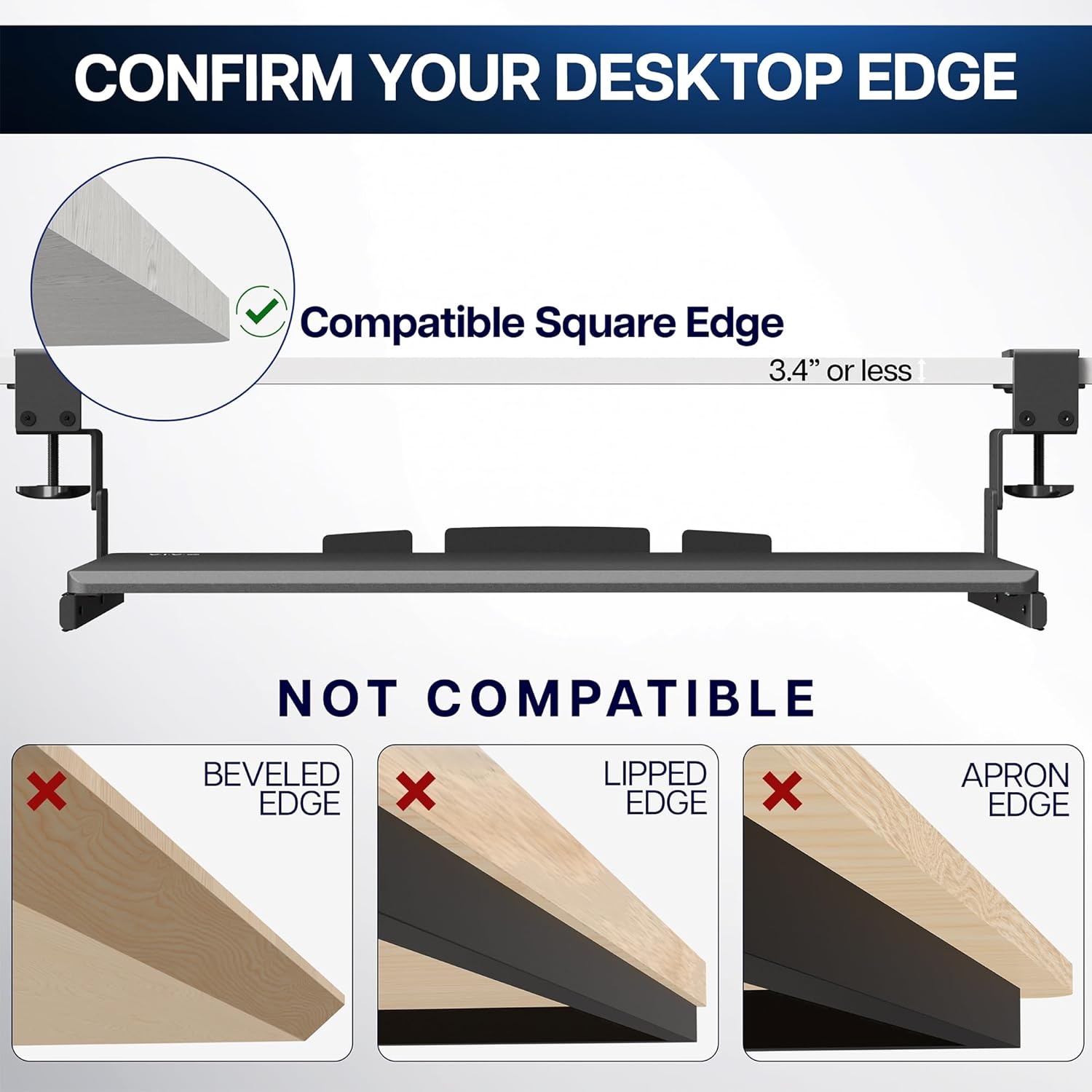 image:imageVIVO Large Height Adjustable Under Desk Keyboard Tray Cclamp Mount System 2733 Including Clamps x 11 inch SlideOut Platform for Typing Black MOUNTKB05HBBlack