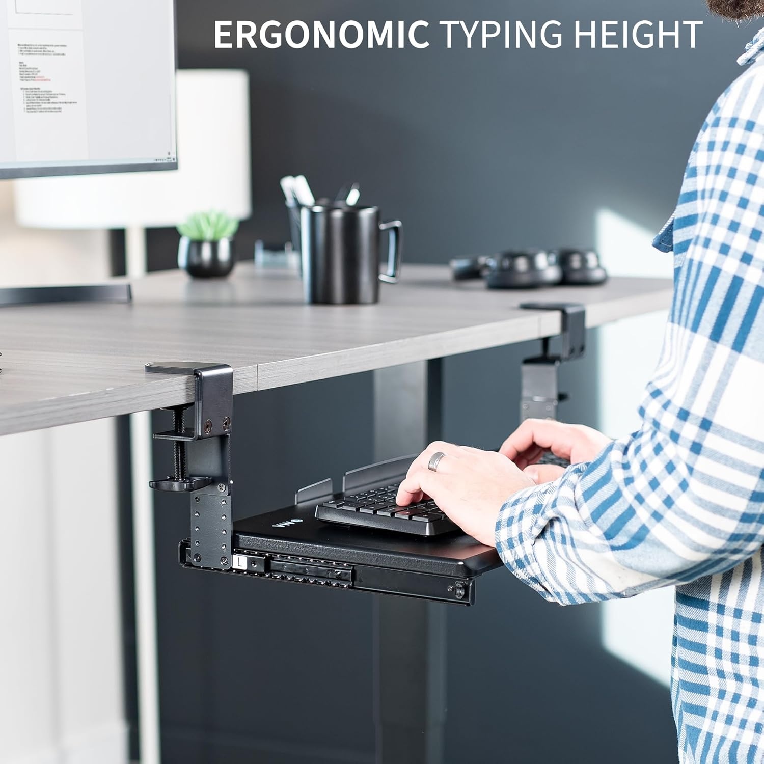 image:imageVIVO Large Height Adjustable Under Desk Keyboard Tray Cclamp Mount System 2733 Including Clamps x 11 inch SlideOut Platform for Typing Black MOUNTKB05HBBlack