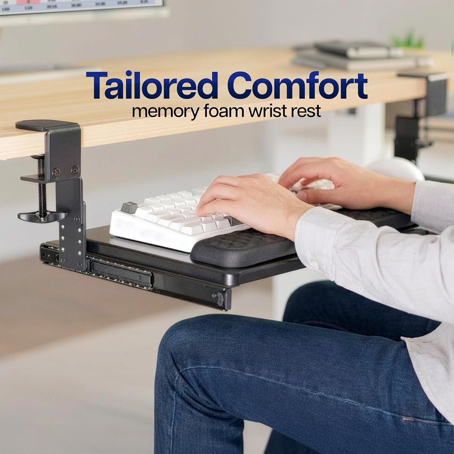 image:imageVIVO Large Height Adjustable Under Desk Keyboard Tray Cclamp Mount System 2733 Including Clamps x 11 inch SlideOut Platform for Typing Black MOUNTKB05HBBlack