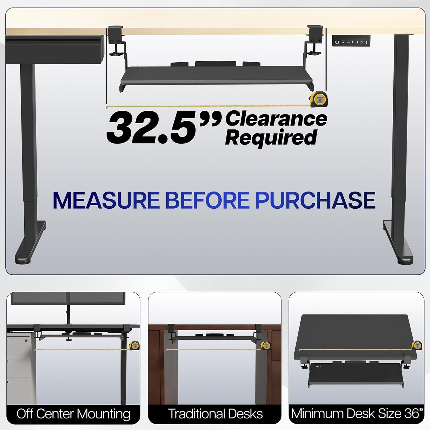 image:imageVIVO Large Height Adjustable Under Desk Keyboard Tray Cclamp Mount System 2733 Including Clamps x 11 inch SlideOut Platform for Typing Black MOUNTKB05HBBlack