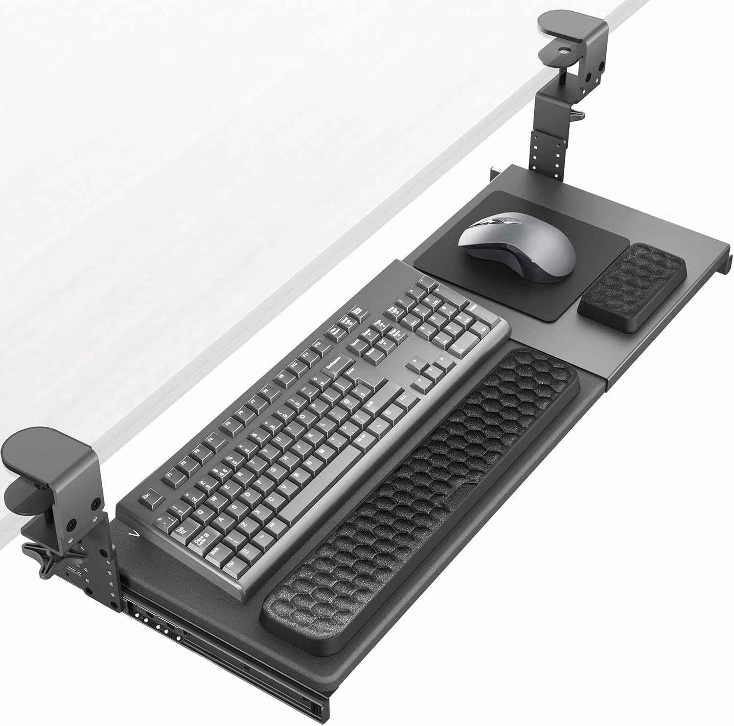 image:imageVIVO Large Height Adjustable Under Desk Keyboard Tray Cclamp Mount System 2733 Including Clamps x 11 inch SlideOut Platform for Typing Black MOUNTKB05HBBlack