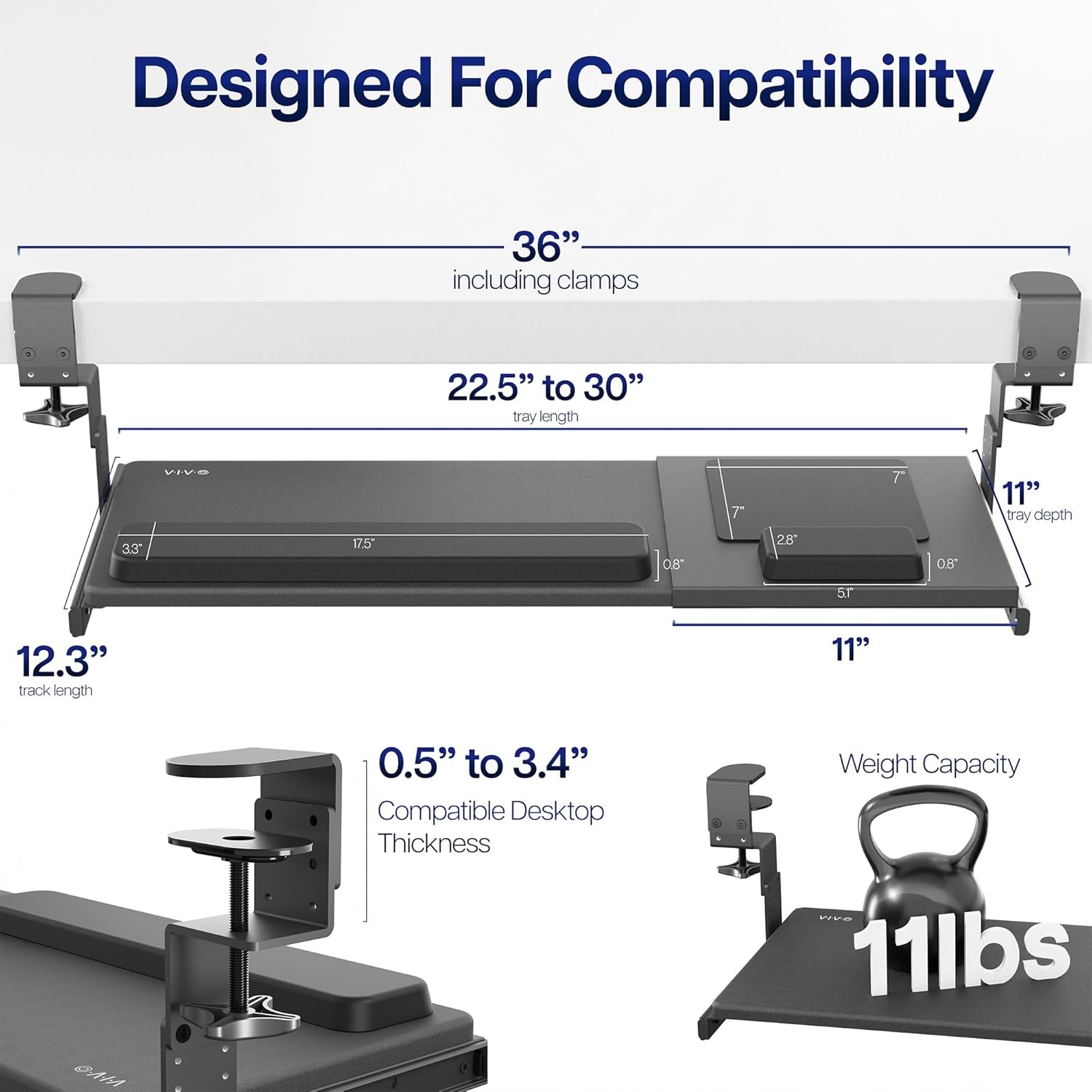 image:imageVIVO Large Height Adjustable Under Desk Keyboard Tray Cclamp Mount System 2733 Including Clamps x 11 inch SlideOut Platform for Typing Black MOUNTKB05HBBlack
