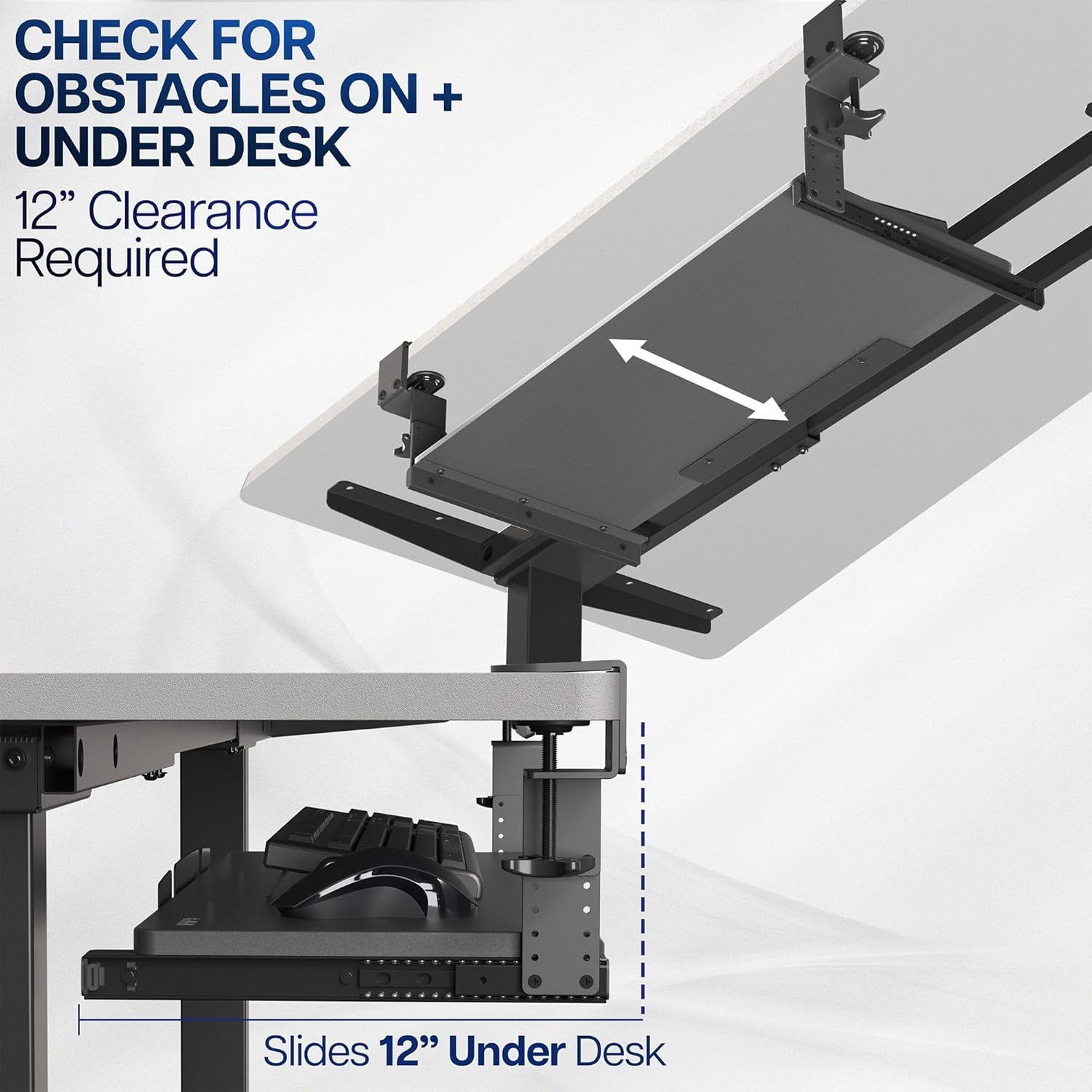 image:imageVIVO Large Height Adjustable Under Desk Keyboard Tray Cclamp Mount System 2733 Including Clamps x 11 inch SlideOut Platform for Typing Black MOUNTKB05HBBlack
