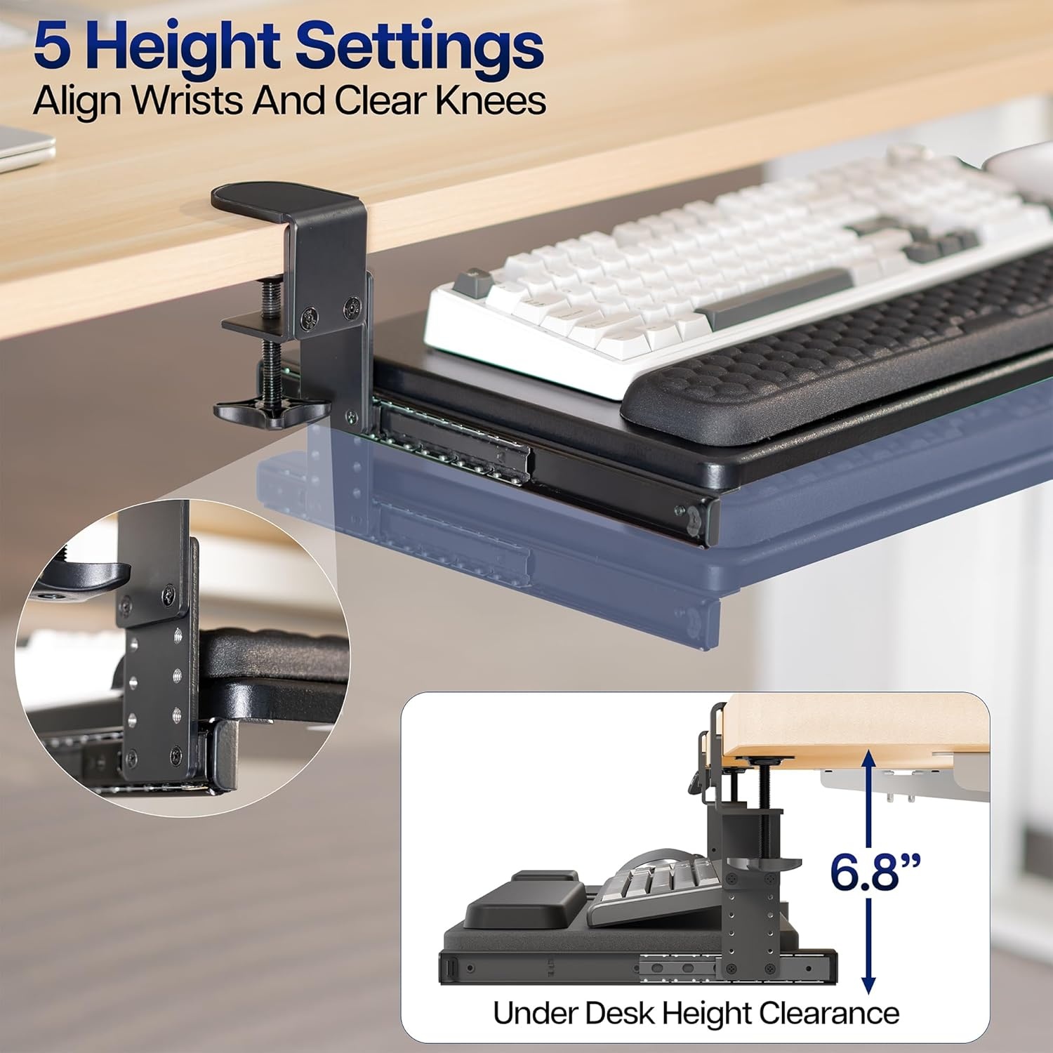image:imageVIVO Large Height Adjustable Under Desk Keyboard Tray Cclamp Mount System 2733 Including Clamps x 11 inch SlideOut Platform for Typing Black MOUNTKB05HBBlack