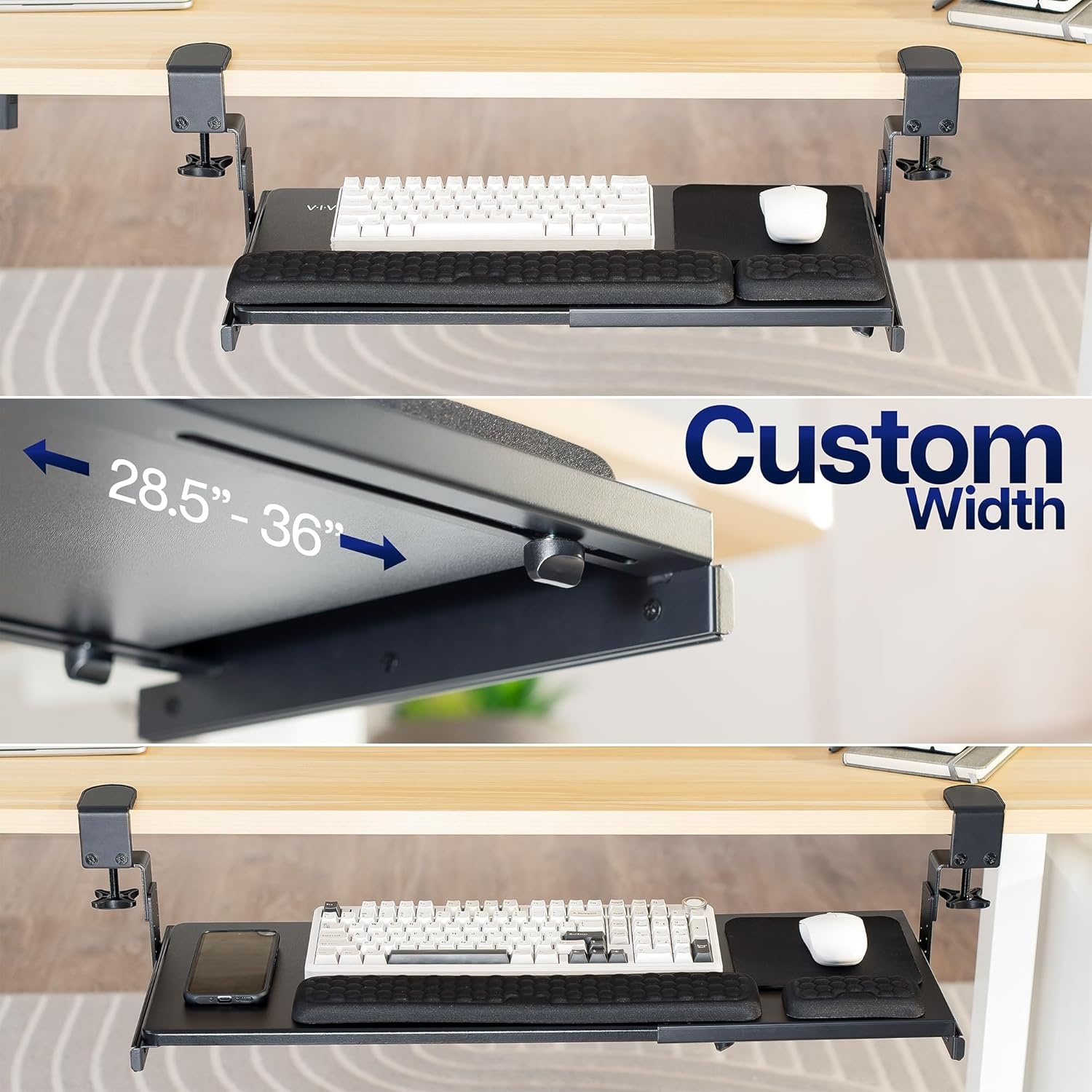 image:imageVIVO Large Height Adjustable Under Desk Keyboard Tray Cclamp Mount System 2733 Including Clamps x 11 inch SlideOut Platform for Typing Black MOUNTKB05HBBlack