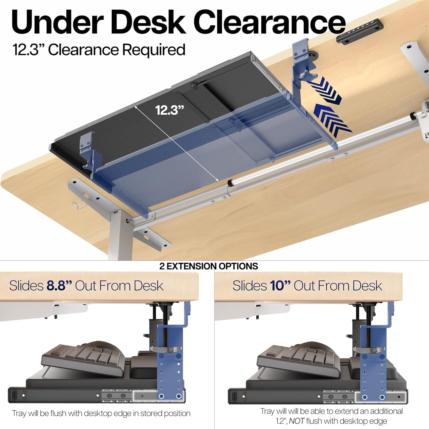 image:imageVIVO Large Height Adjustable Under Desk Keyboard Tray Cclamp Mount System 2733 Including Clamps x 11 inch SlideOut Platform for Typing Black MOUNTKB05HBBlack