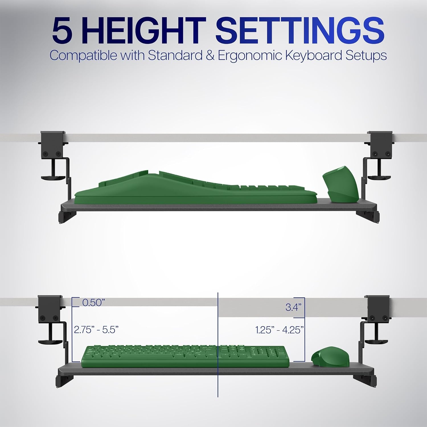 image:imageVIVO Large Height Adjustable Under Desk Keyboard Tray Cclamp Mount System 2733 Including Clamps x 11 inch SlideOut Platform for Typing Black MOUNTKB05HBBlack