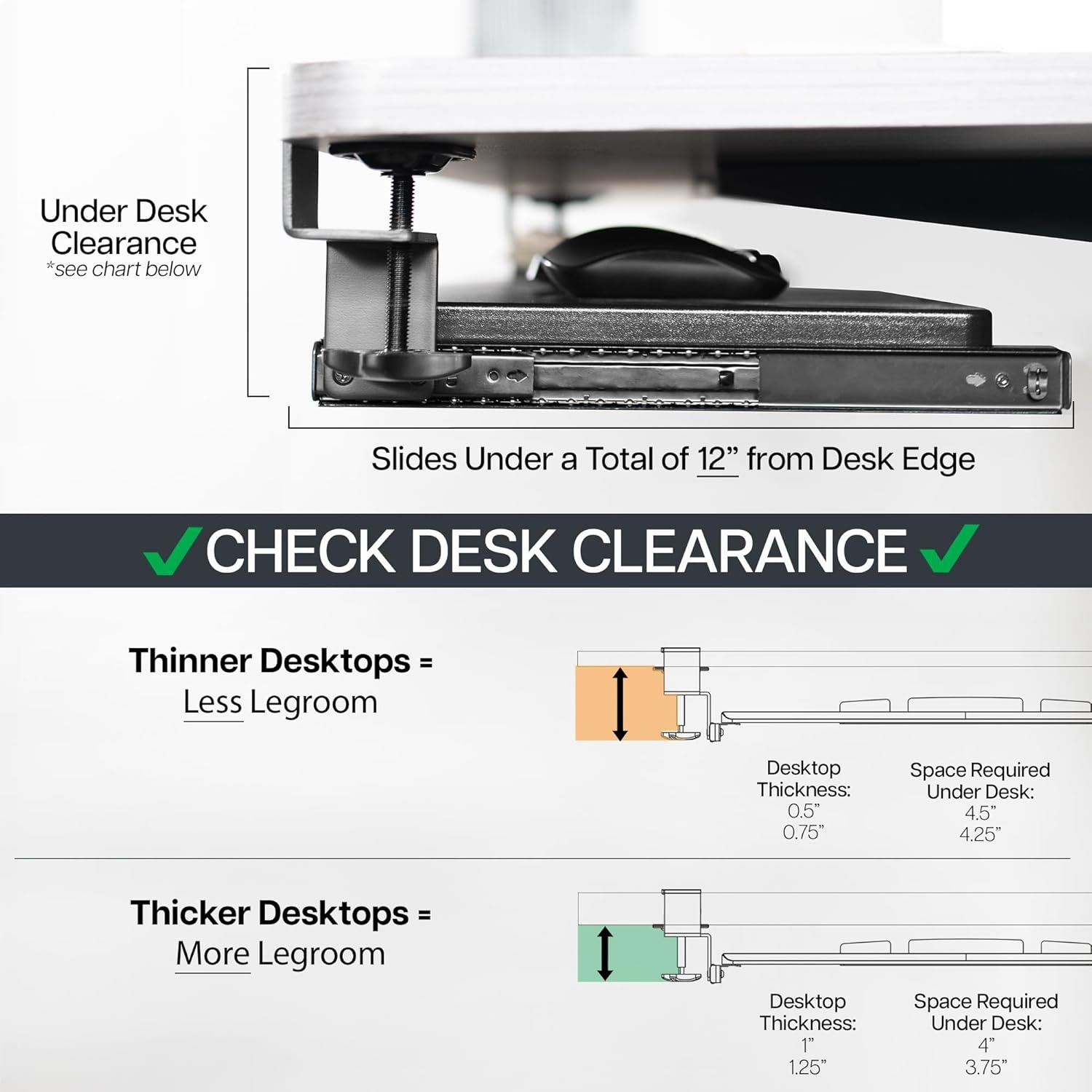 image:imageVIVO Large Keyboard Tray Under Desk Pull Out Platform with Pencil Drawer Extra Sturdy C Clamp Mount 27 33 Including Clamps x 11 inch SlideOut Tray with Storage Drawer Black MOUNTKB054DBlack