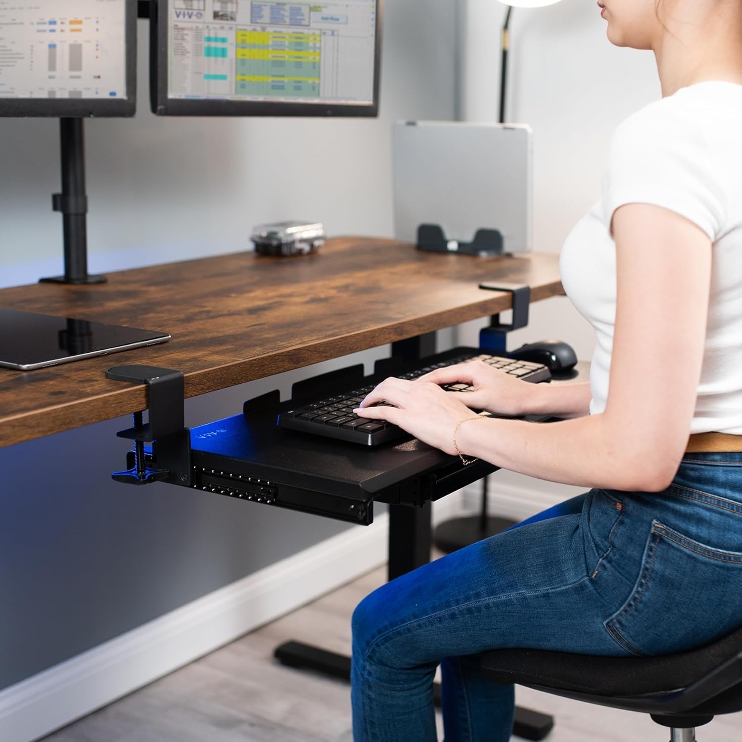 image:imageVIVO Large Keyboard Tray Under Desk Pull Out Platform with Pencil Drawer Extra Sturdy C Clamp Mount 27 33 Including Clamps x 11 inch SlideOut Tray with Storage Drawer Black MOUNTKB054DBlack