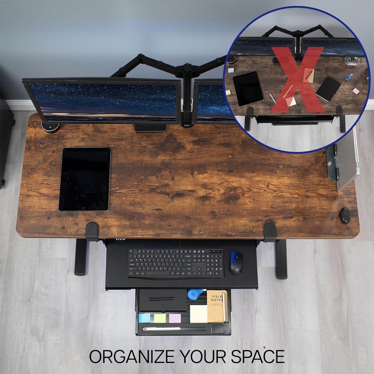 image:imageVIVO Large Keyboard Tray Under Desk Pull Out Platform with Pencil Drawer Extra Sturdy C Clamp Mount 27 33 Including Clamps x 11 inch SlideOut Tray with Storage Drawer Black MOUNTKB054DBlack